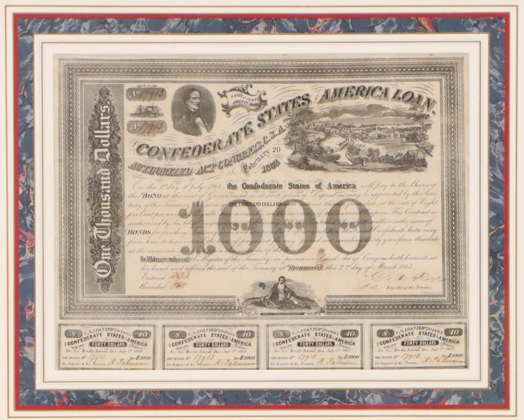 1868 Confederate States of America $1,000 Bond Certificate With Coupons