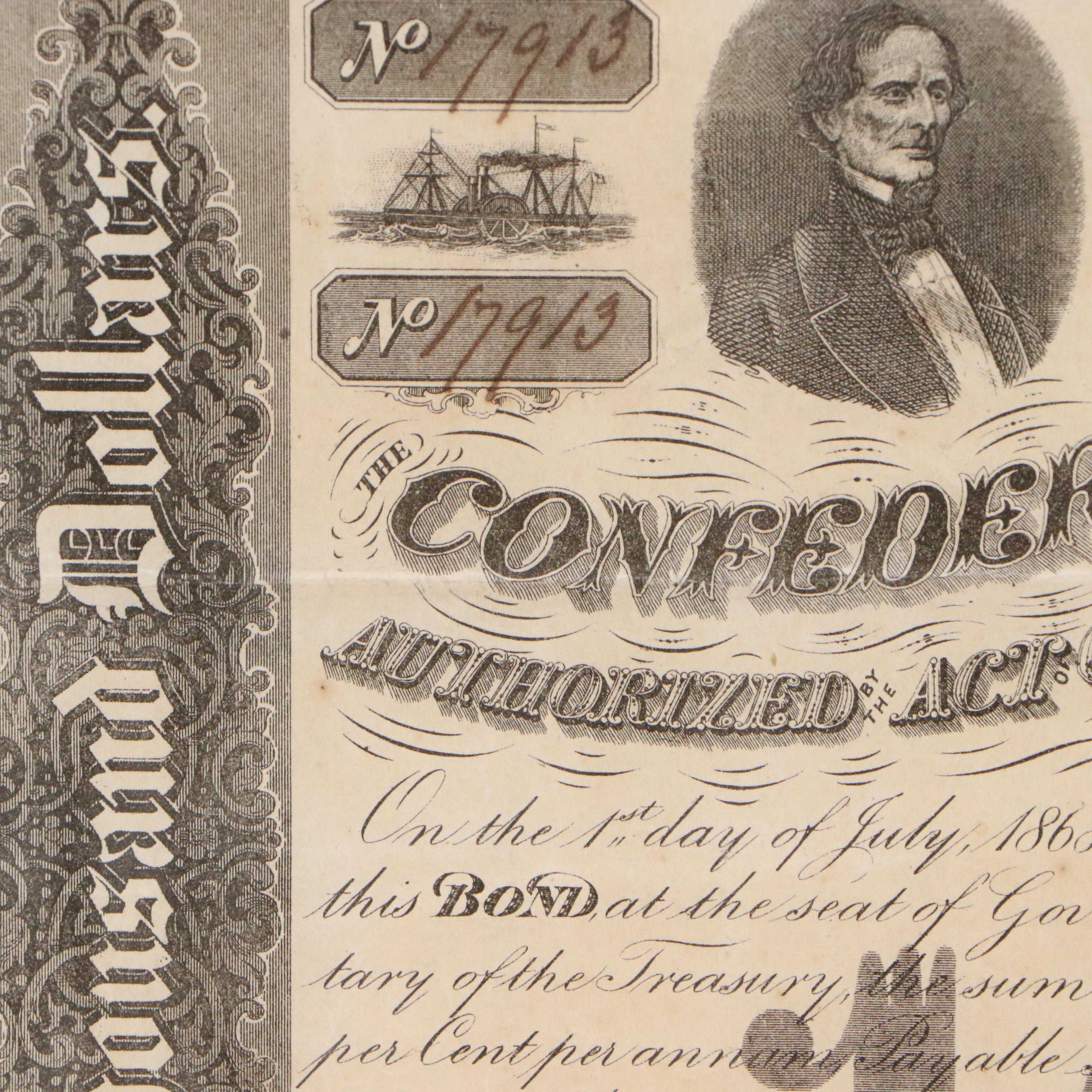 1868 Confederate States of America $1,000 Bond Certificate With Coupons
