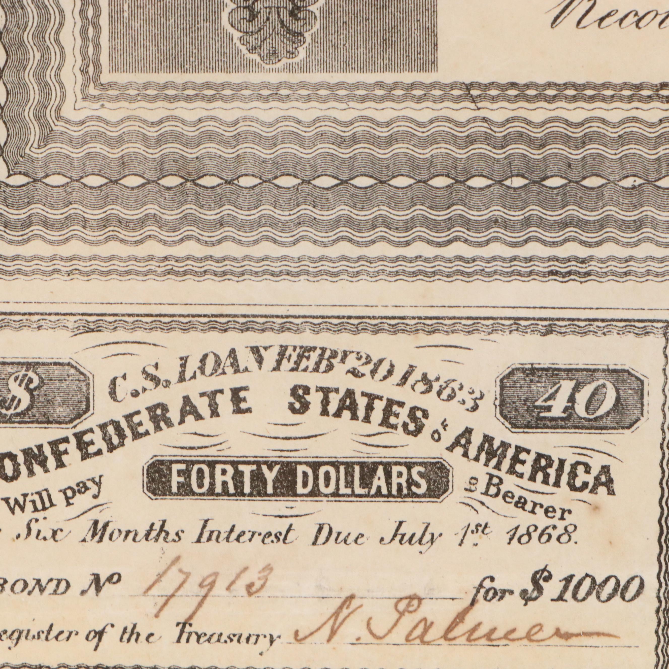 1868 Confederate States of America $1,000 Bond Certificate With Coupons