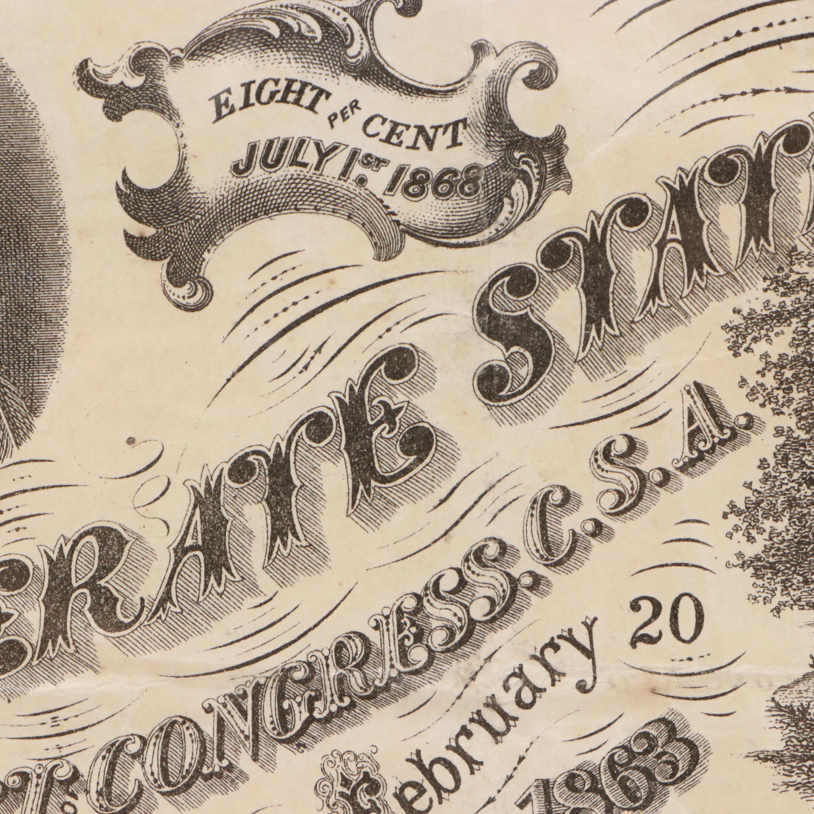 1868 Confederate States of America $1,000 Bond Certificate With Coupons