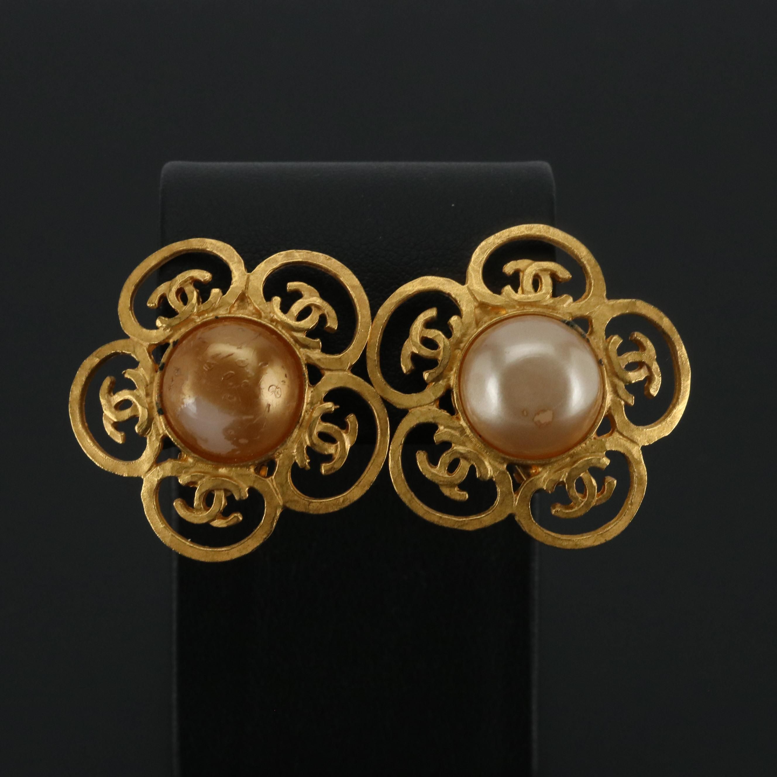 Chanel Imitation Pearl Camellia Clip Earrings