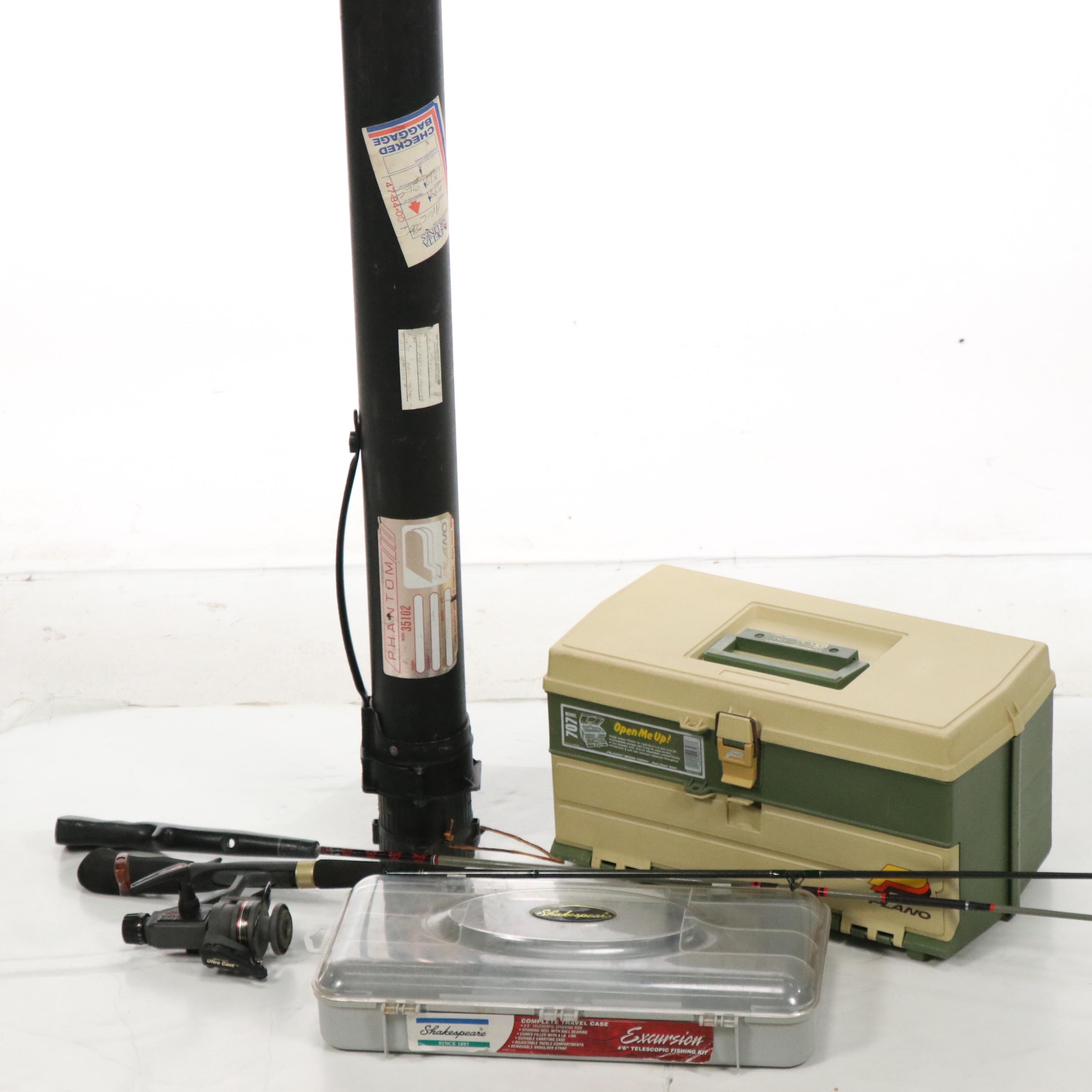Cabela's Graphite Fishing Rod with Plano Tackle Box and More Fishing Gear