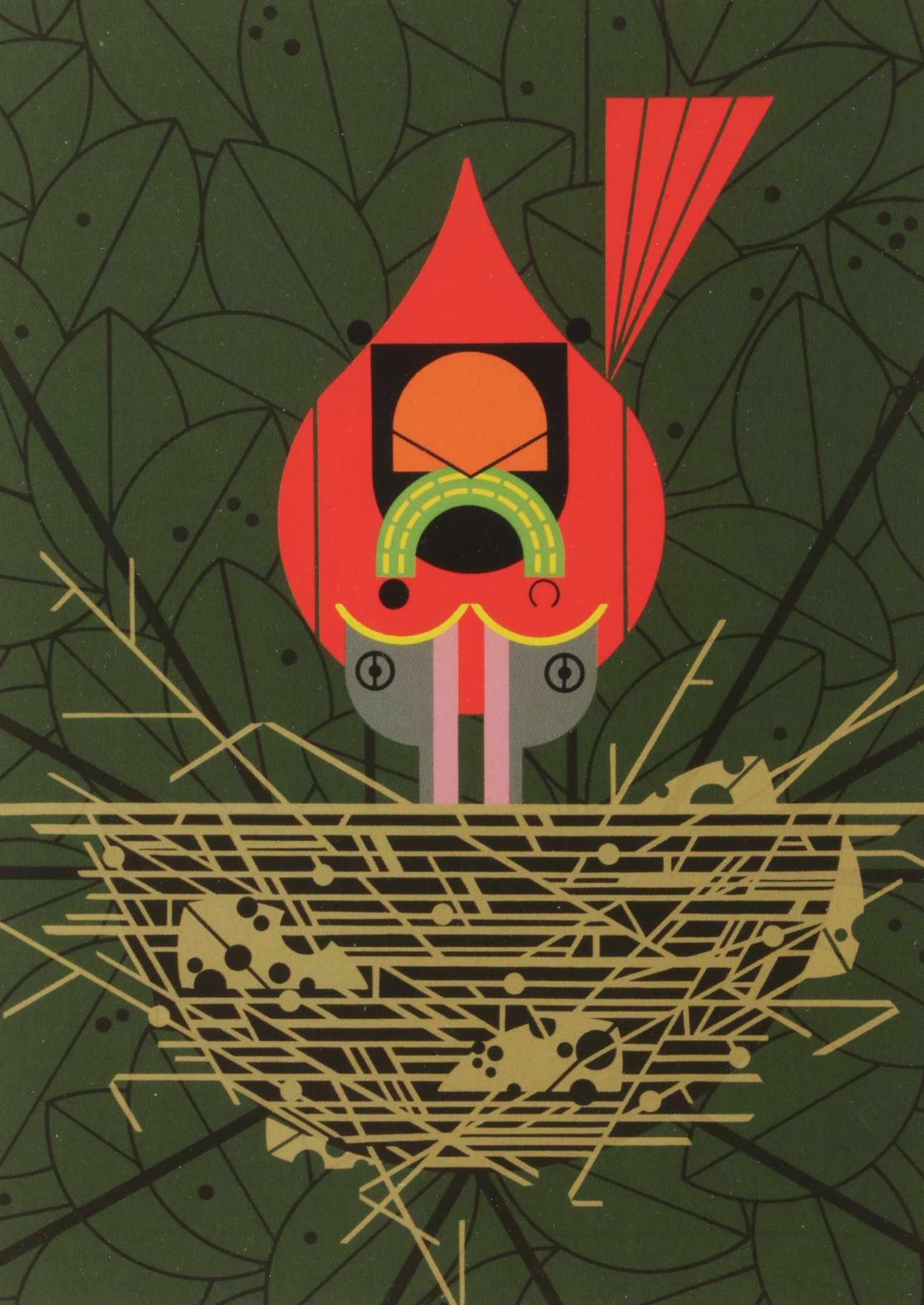 Charley Harper Offset Lithograph "Cardinal Cradle", 1991