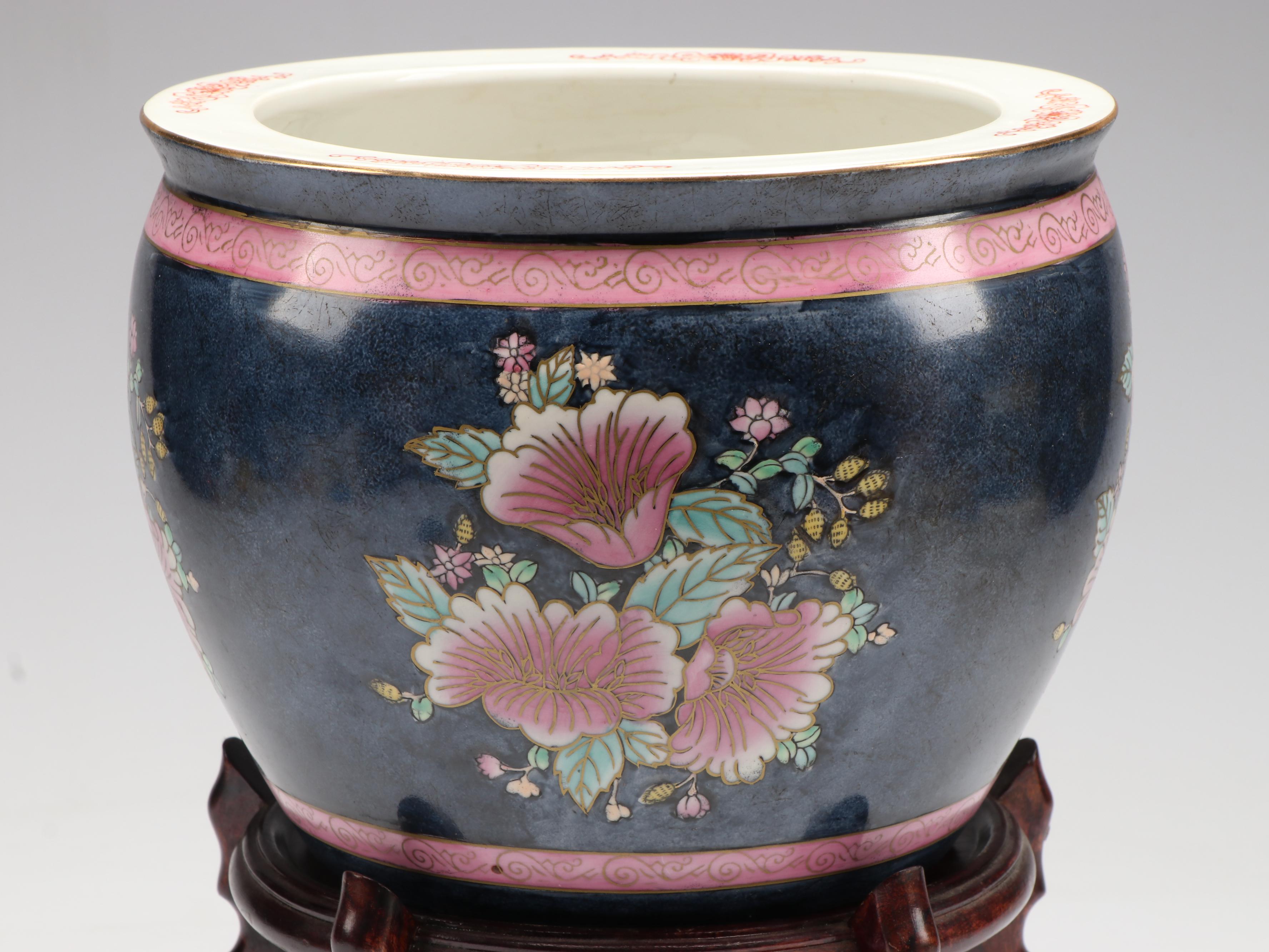 Wei Chinese Famille Rose Porcelain Fishbowl Planter on Wood Base