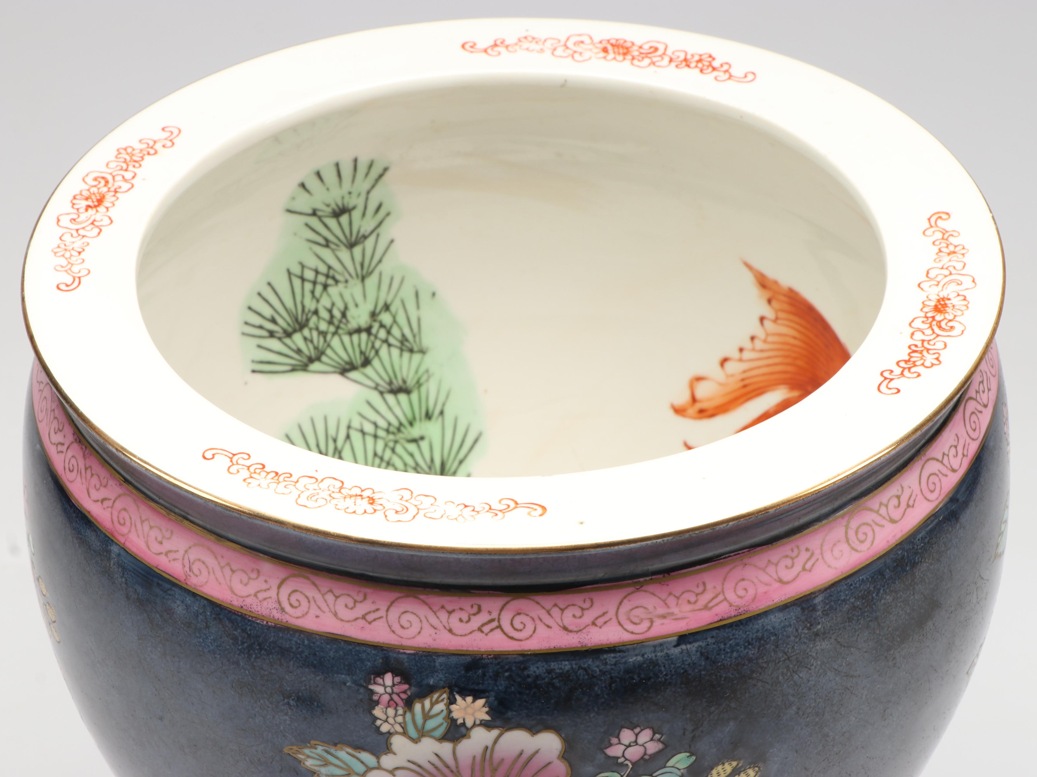 Wei Chinese Famille Rose Porcelain Fishbowl Planter on Wood Base