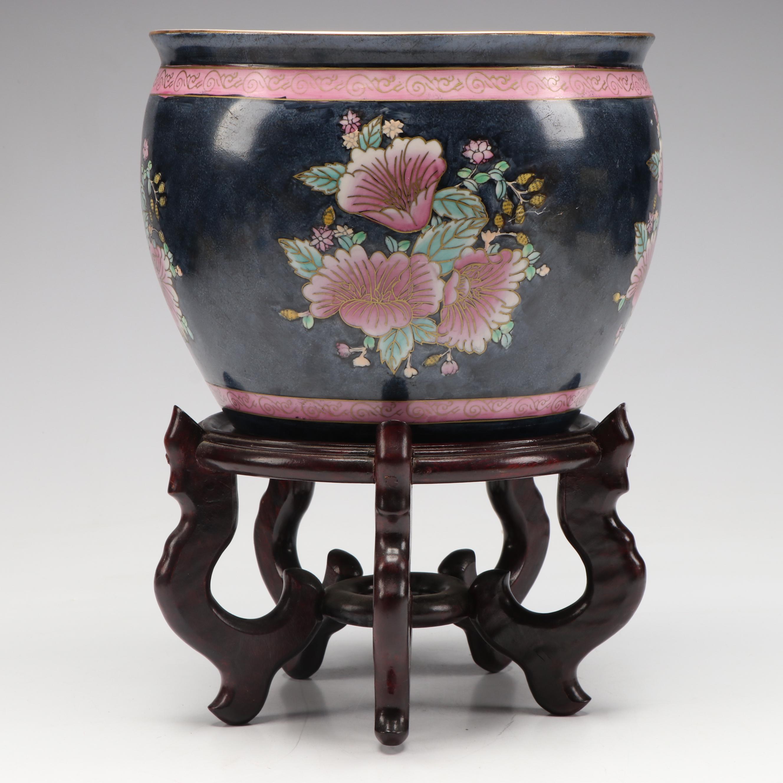Wei Chinese Famille Rose Porcelain Fishbowl Planter on Wood Base