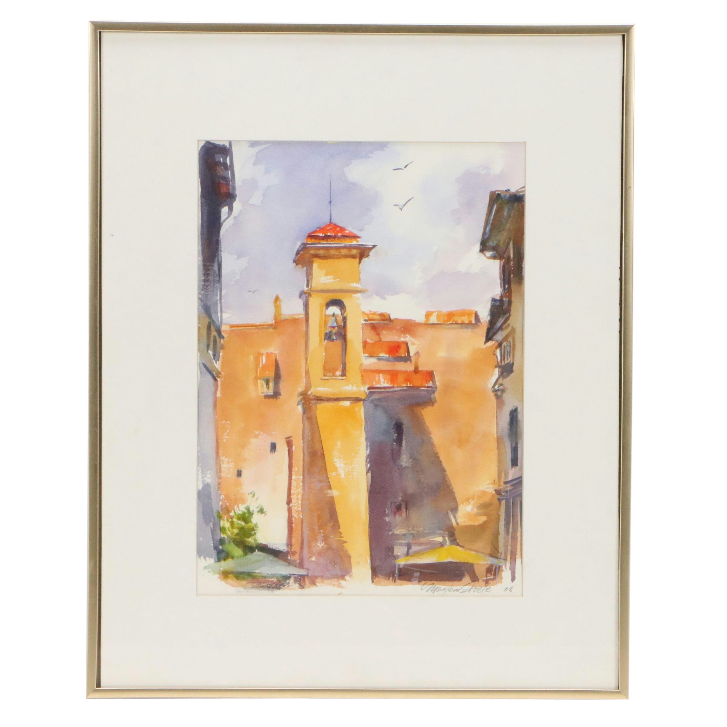 Marlene Steele European Village Landscape Watercolor Painting, 2008