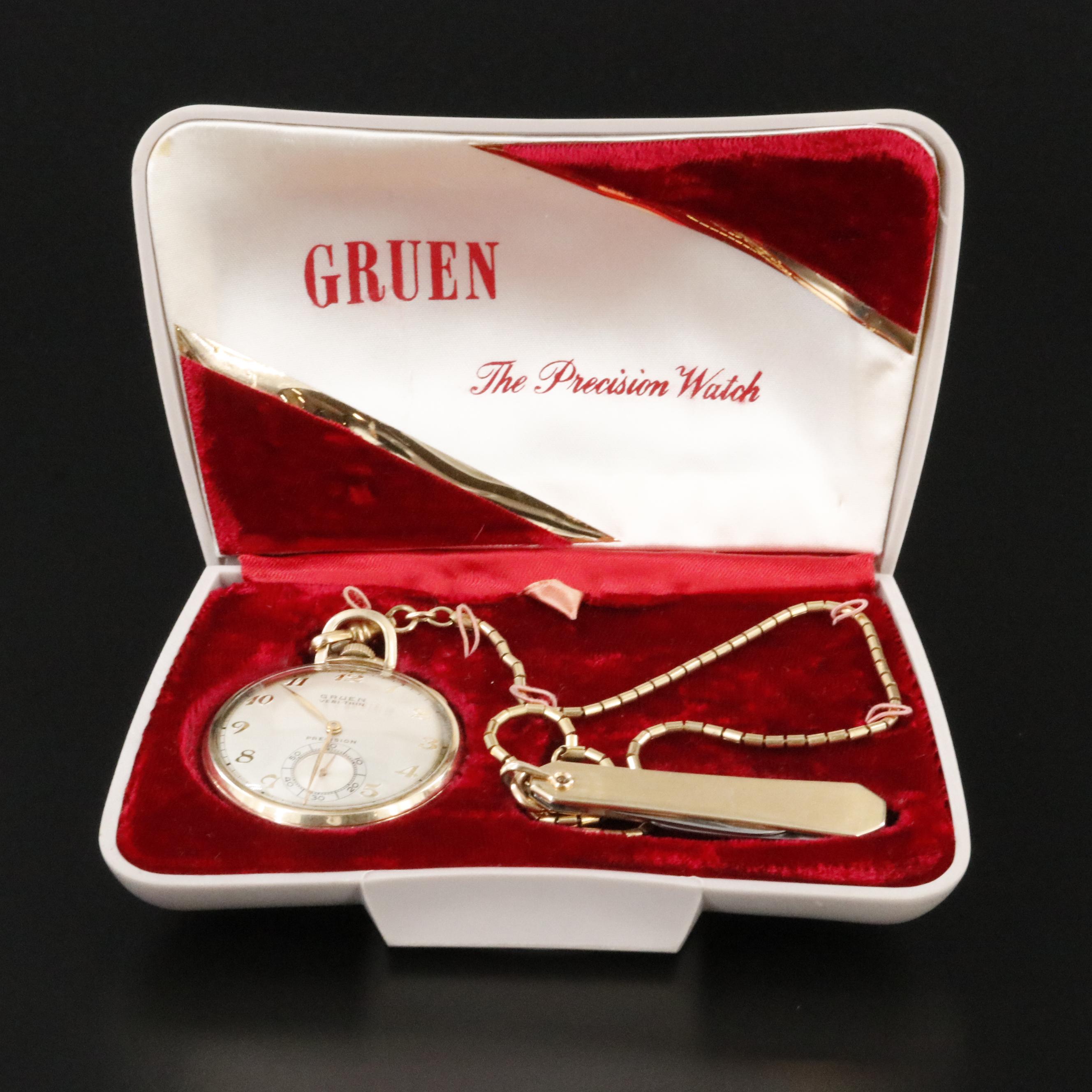 Gruen Veri Thin Precision Gold-Filled Pocket Watch and Pocket Knife Fob