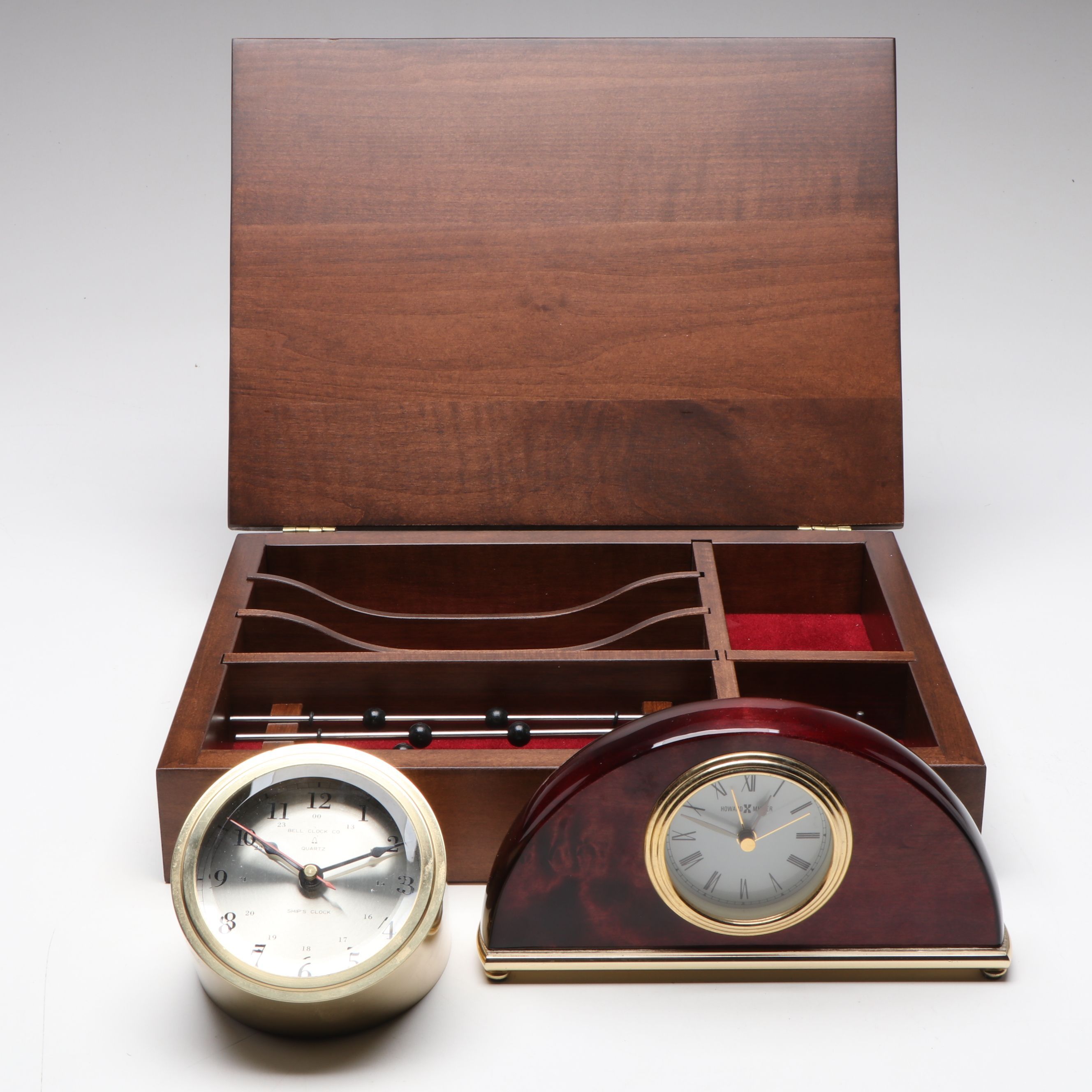 Handcrafted Maple Jewelry Box with Howard Miller and Other Metal Ship's Clock