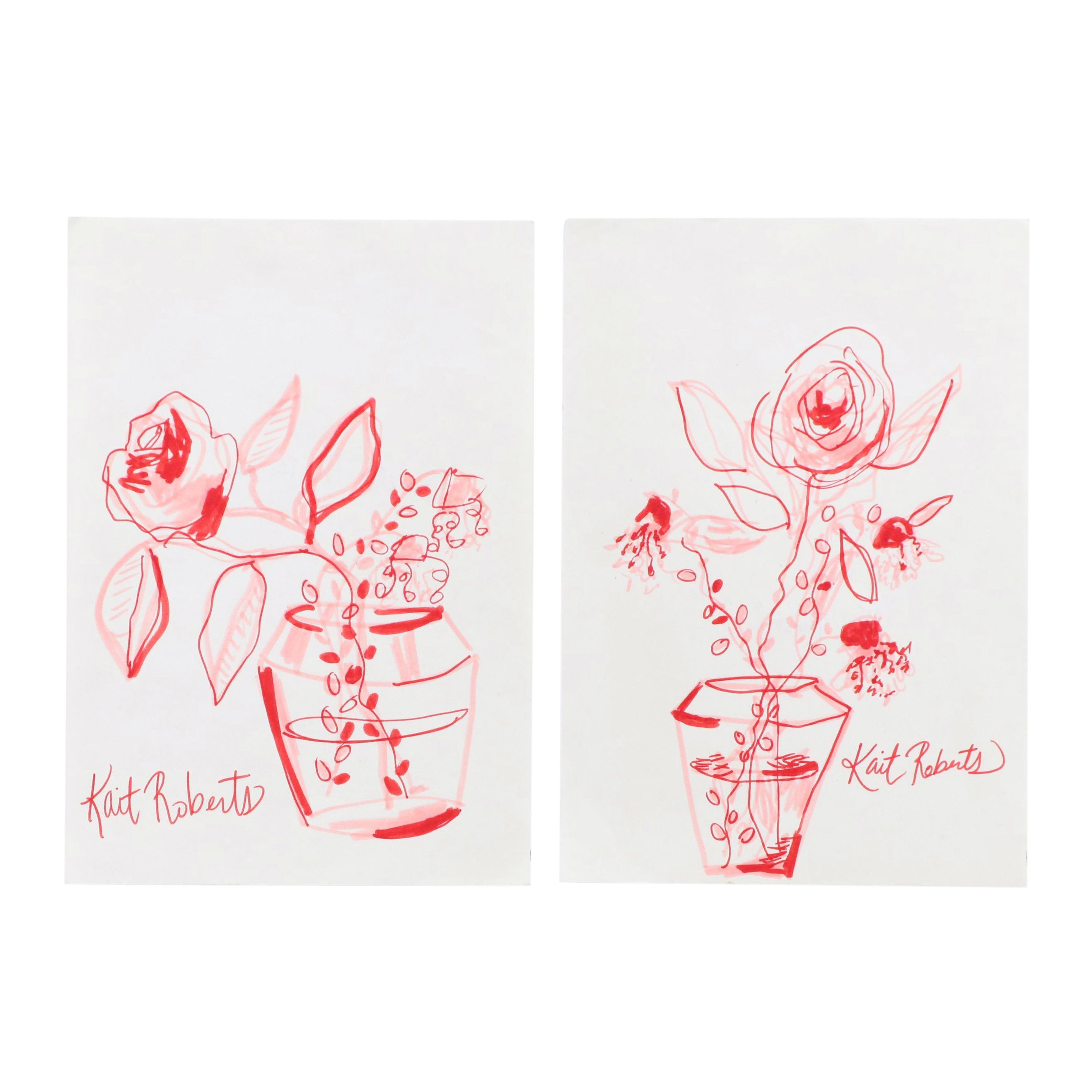 Kait Roberts Mixed Media Drawings "Smell the Roses" and More, 21st Century