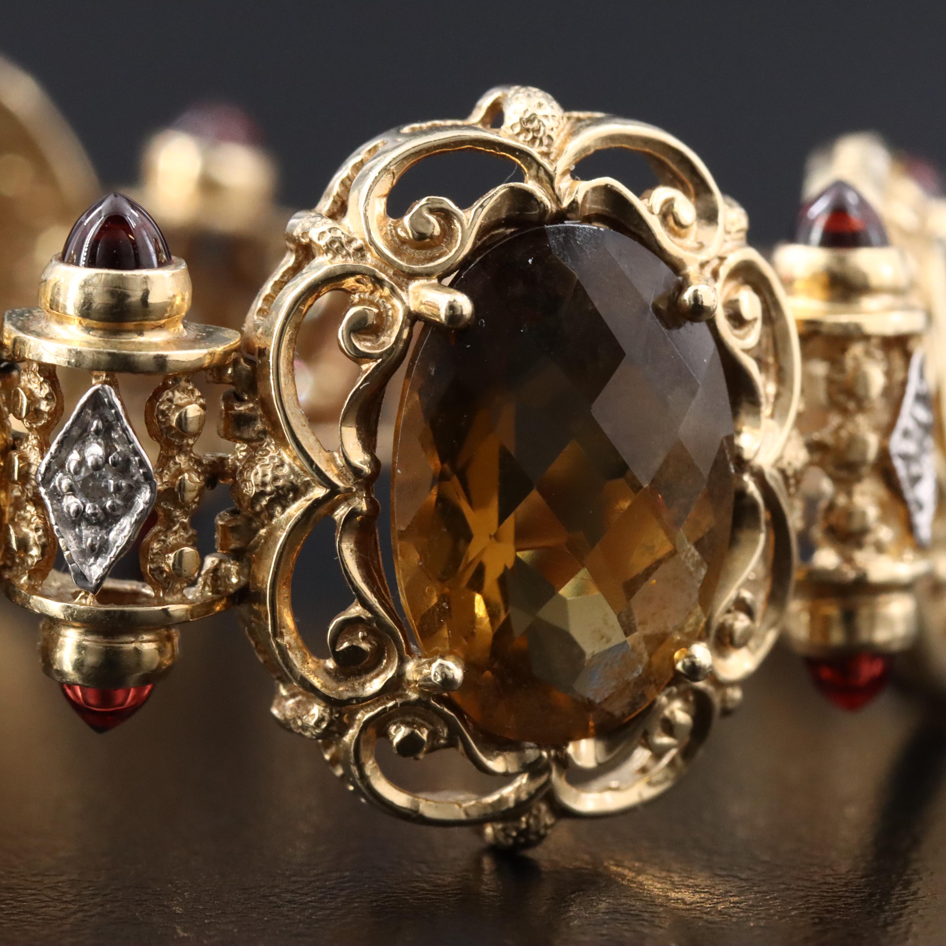 14K Gemstone and Diamond Ornate Medallion Bracelet