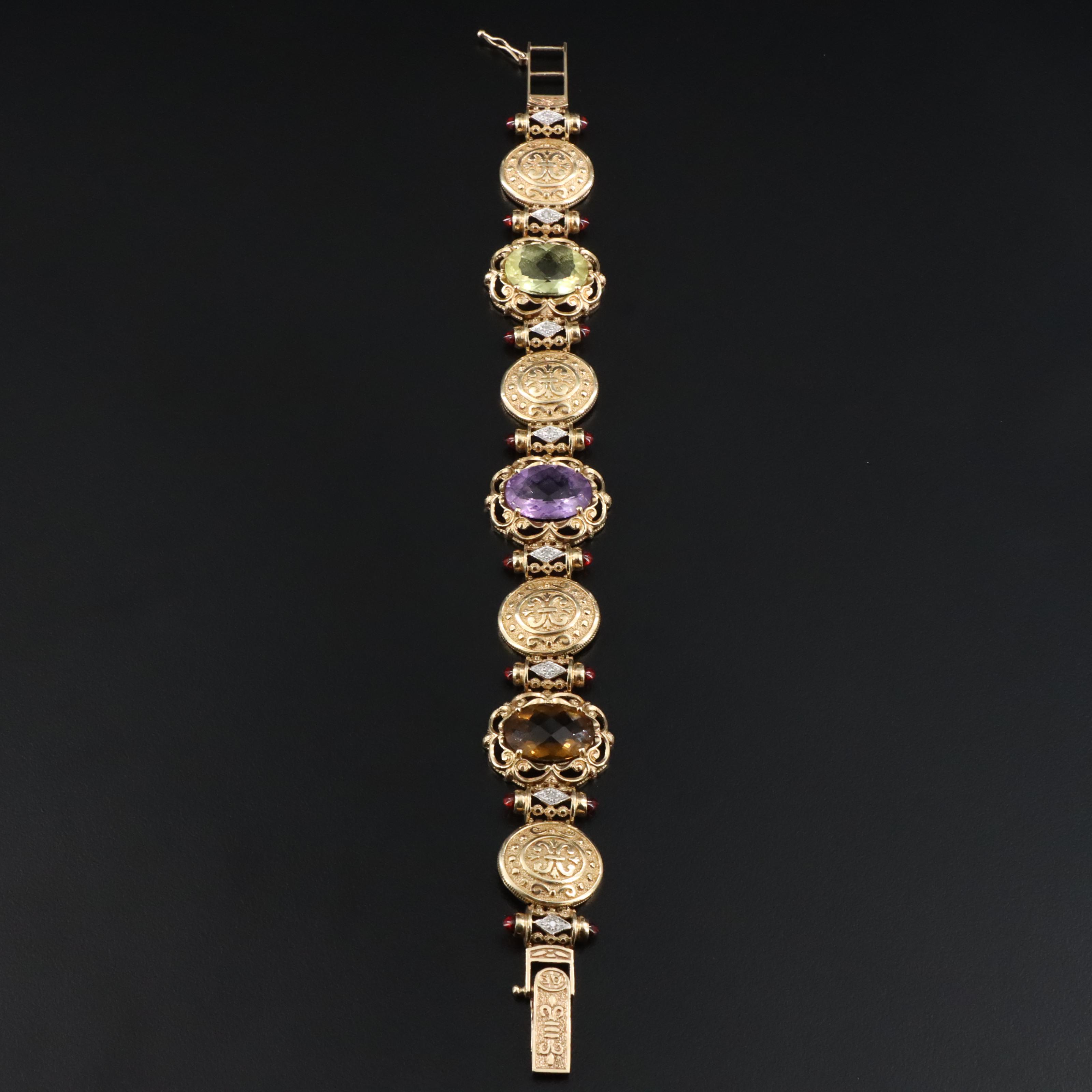 14K Gemstone and Diamond Ornate Medallion Bracelet