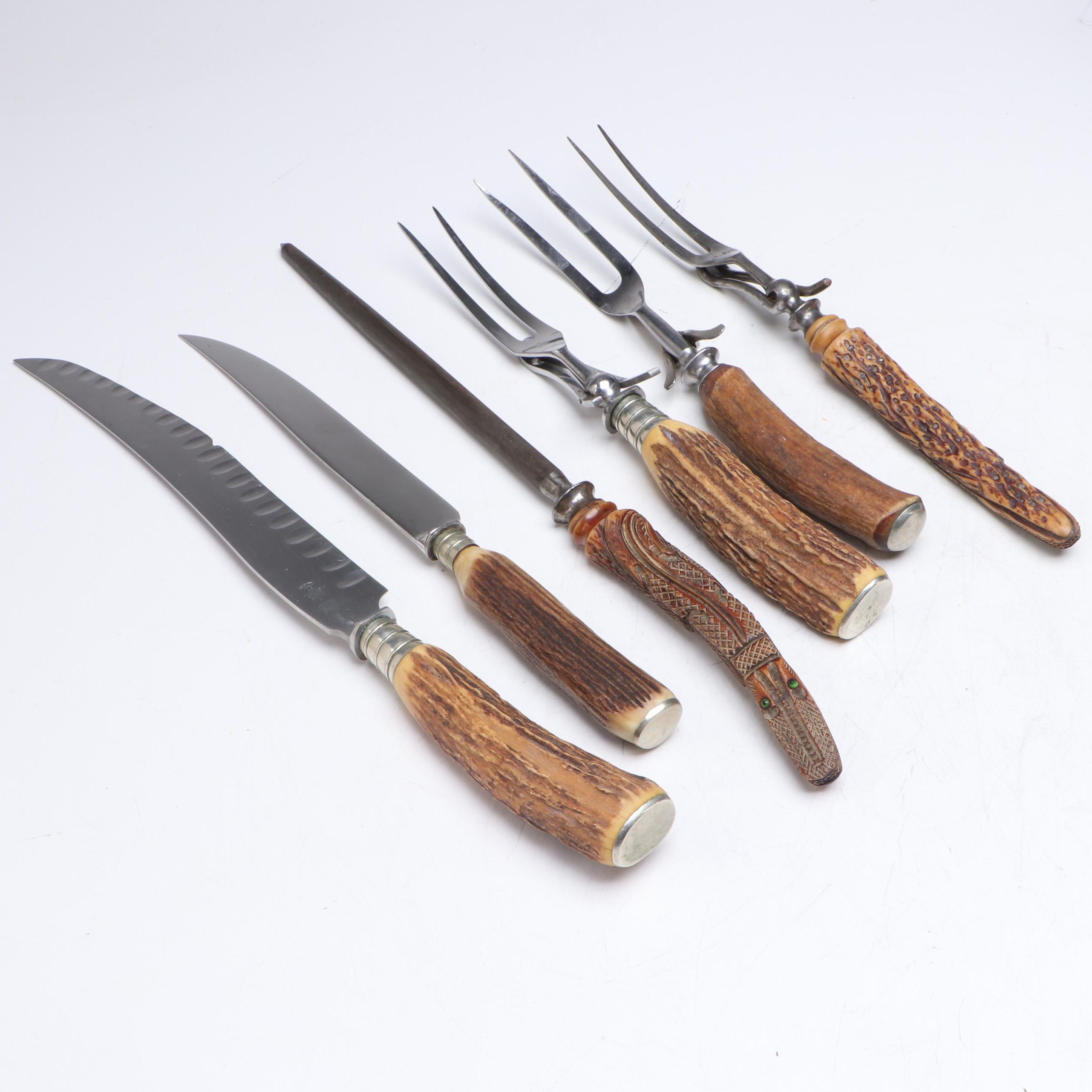 J.A. Henckels Carving Set and Other Antler Handled Serving Utensils