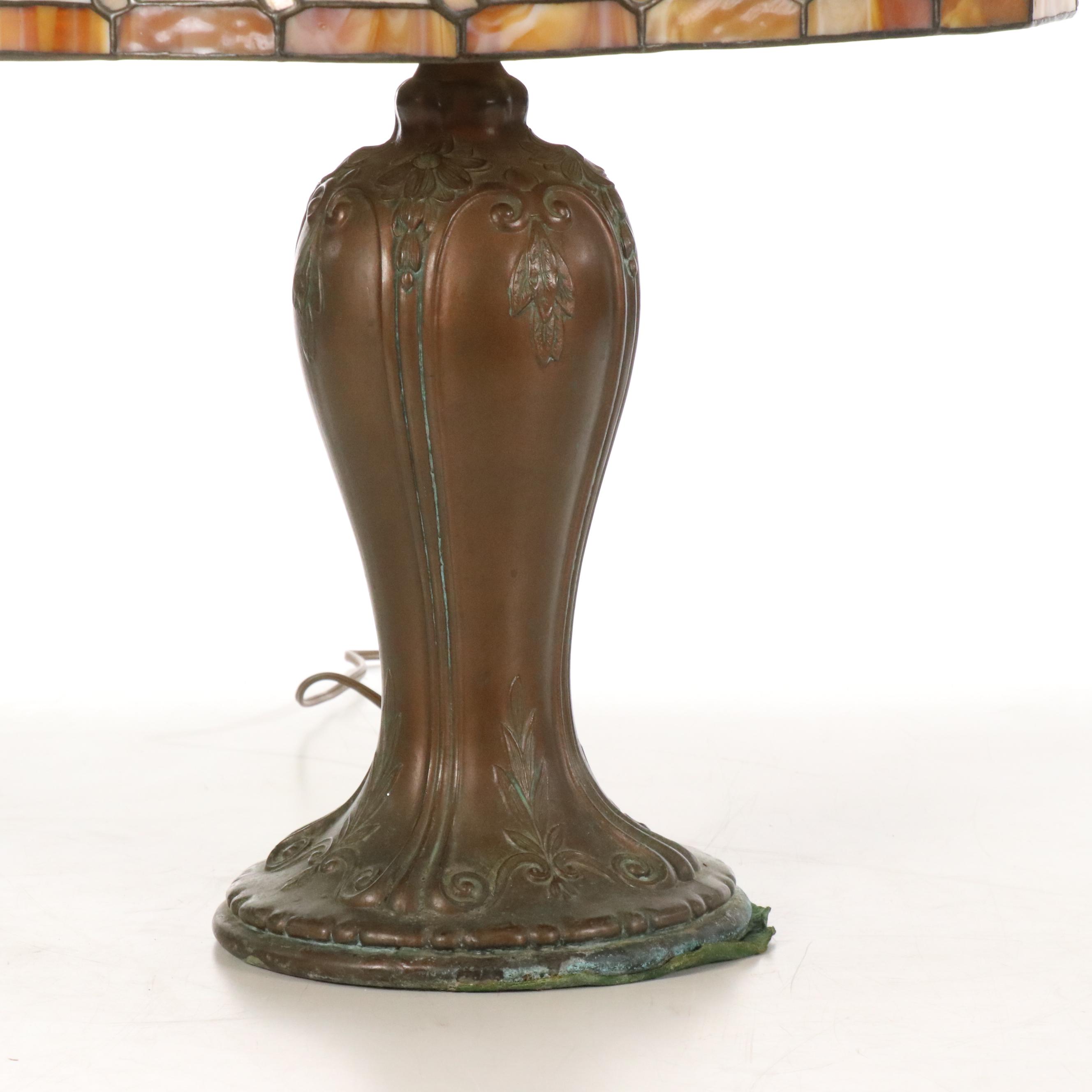 Art Deco Style Patinated Brass Table Lamp with Slag Glass Shade