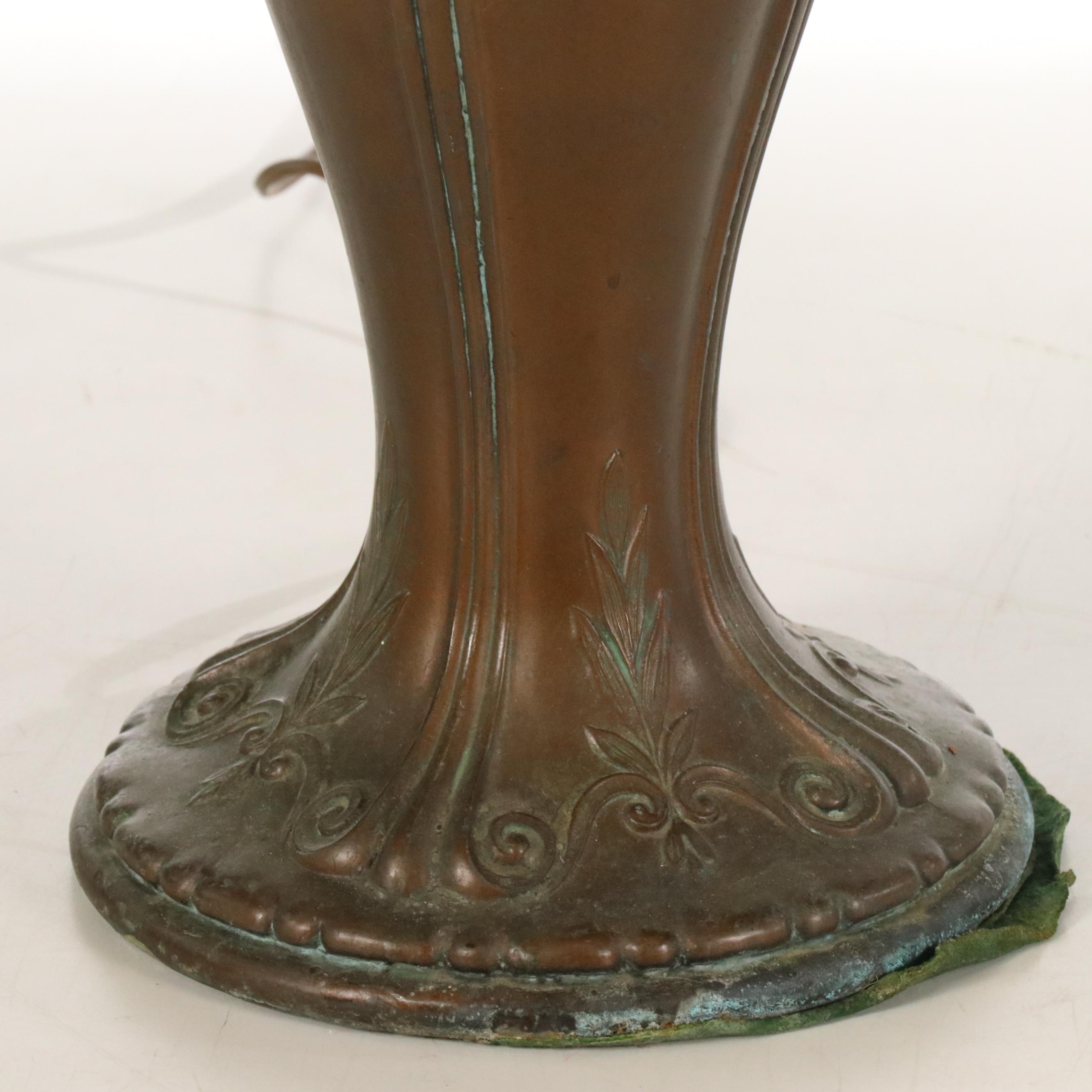 Art Deco Style Patinated Brass Table Lamp with Slag Glass Shade