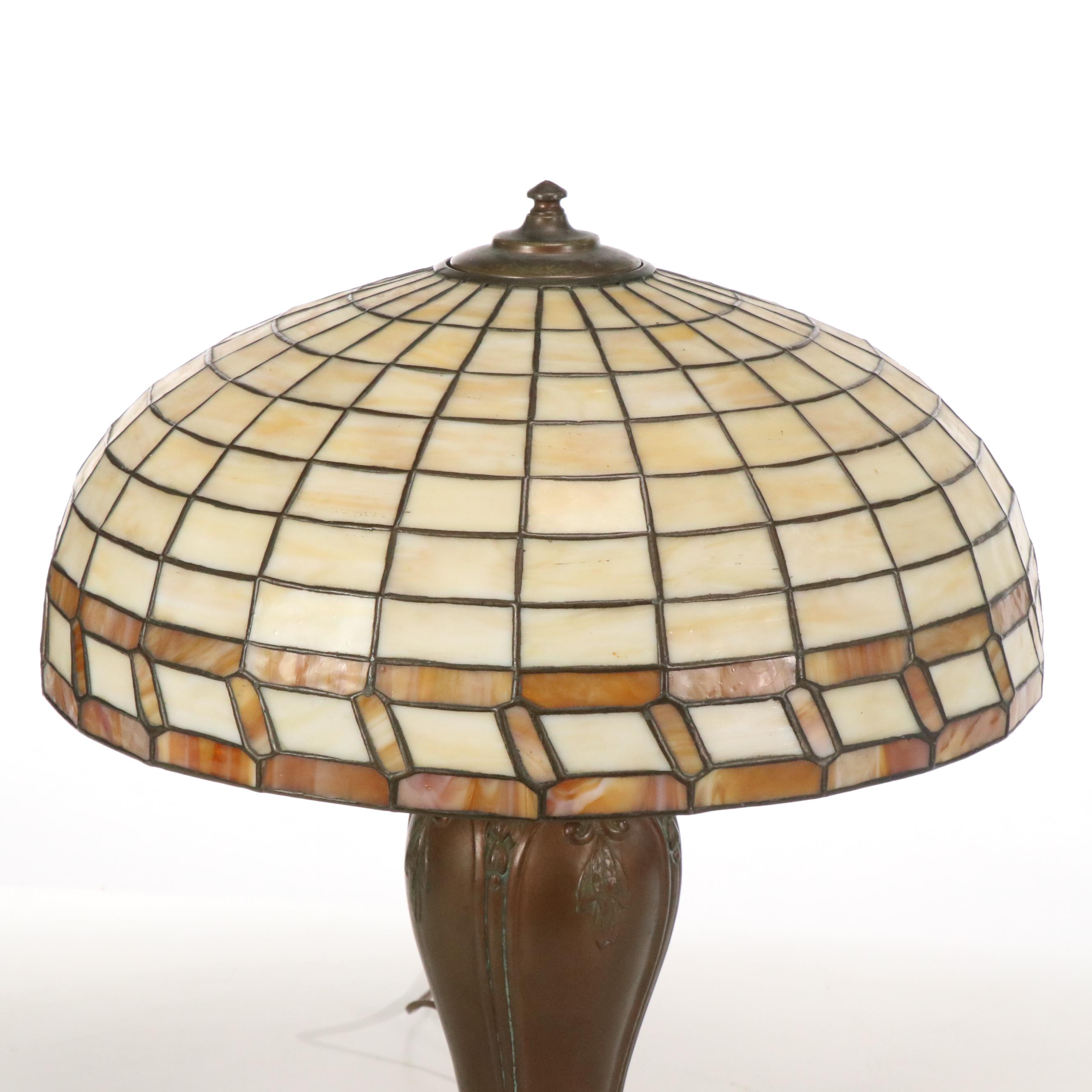 Art Deco Style Patinated Brass Table Lamp with Slag Glass Shade