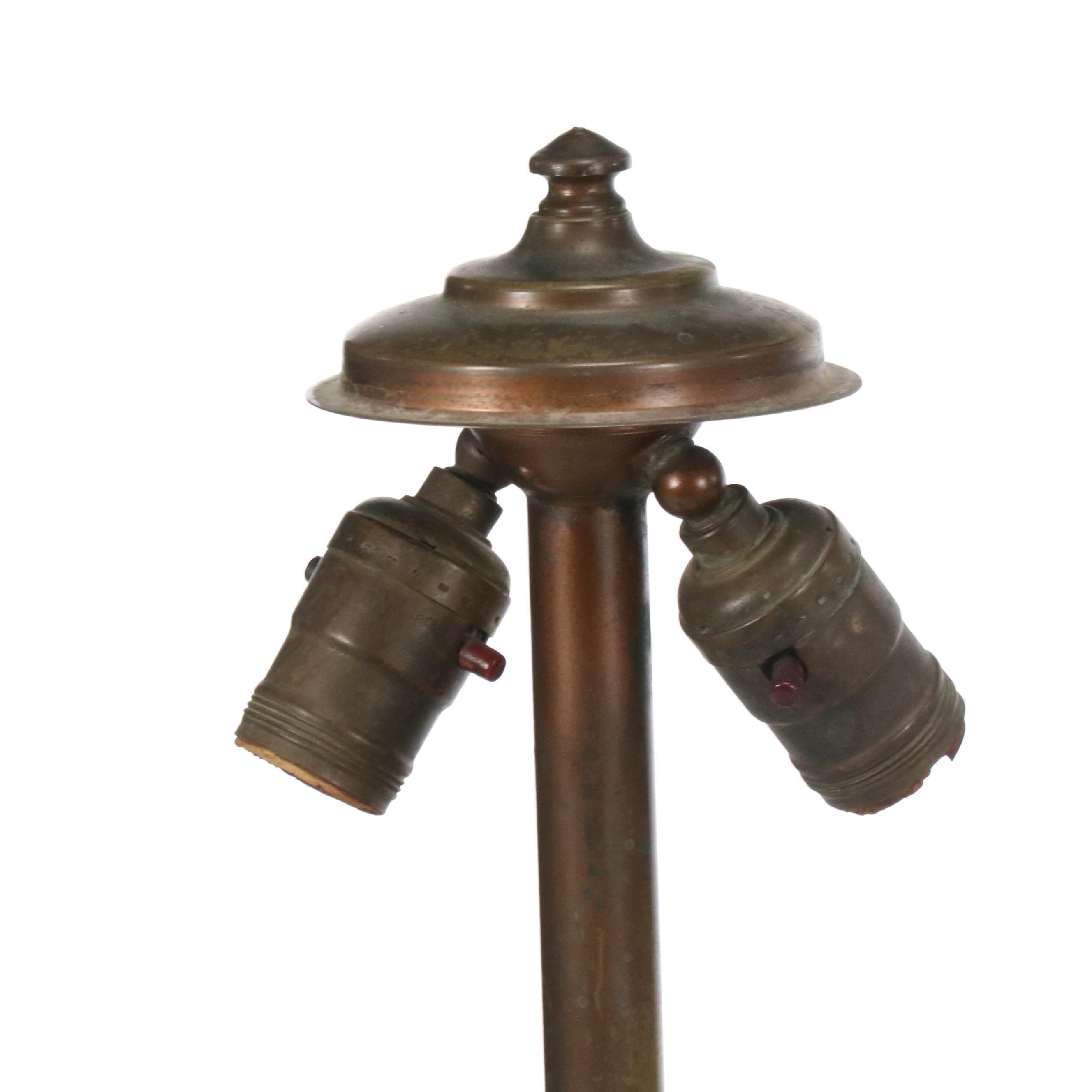 Art Deco Style Patinated Brass Table Lamp with Slag Glass Shade