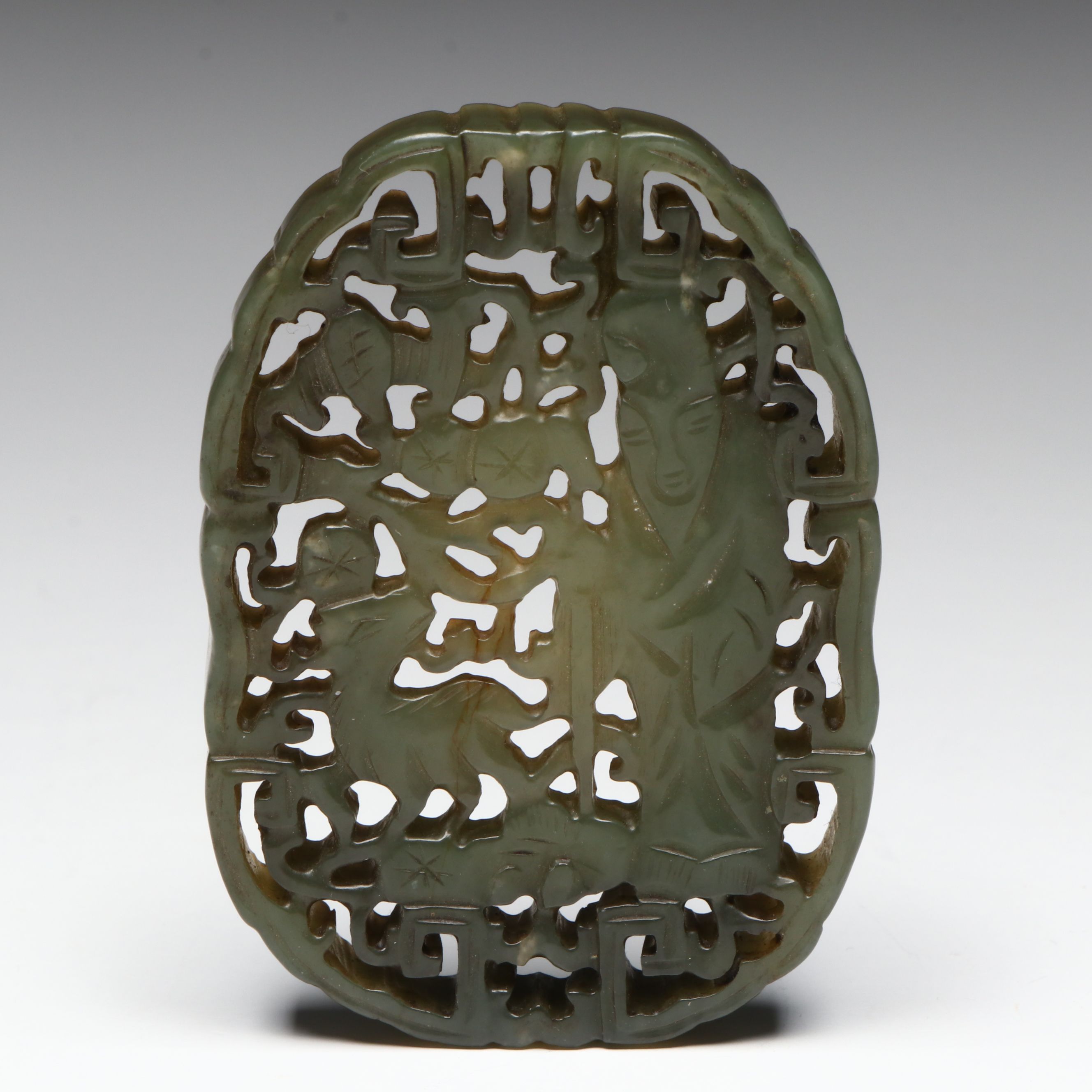 Chinese Carved Serpentine Openwork Shoulao Medallion