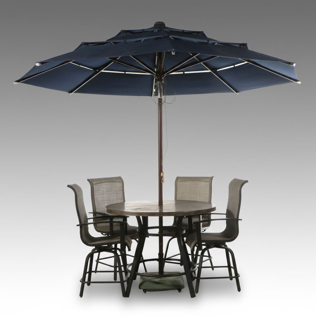 Metal High-Top Patio Table with Four Chairs and Umbrella
