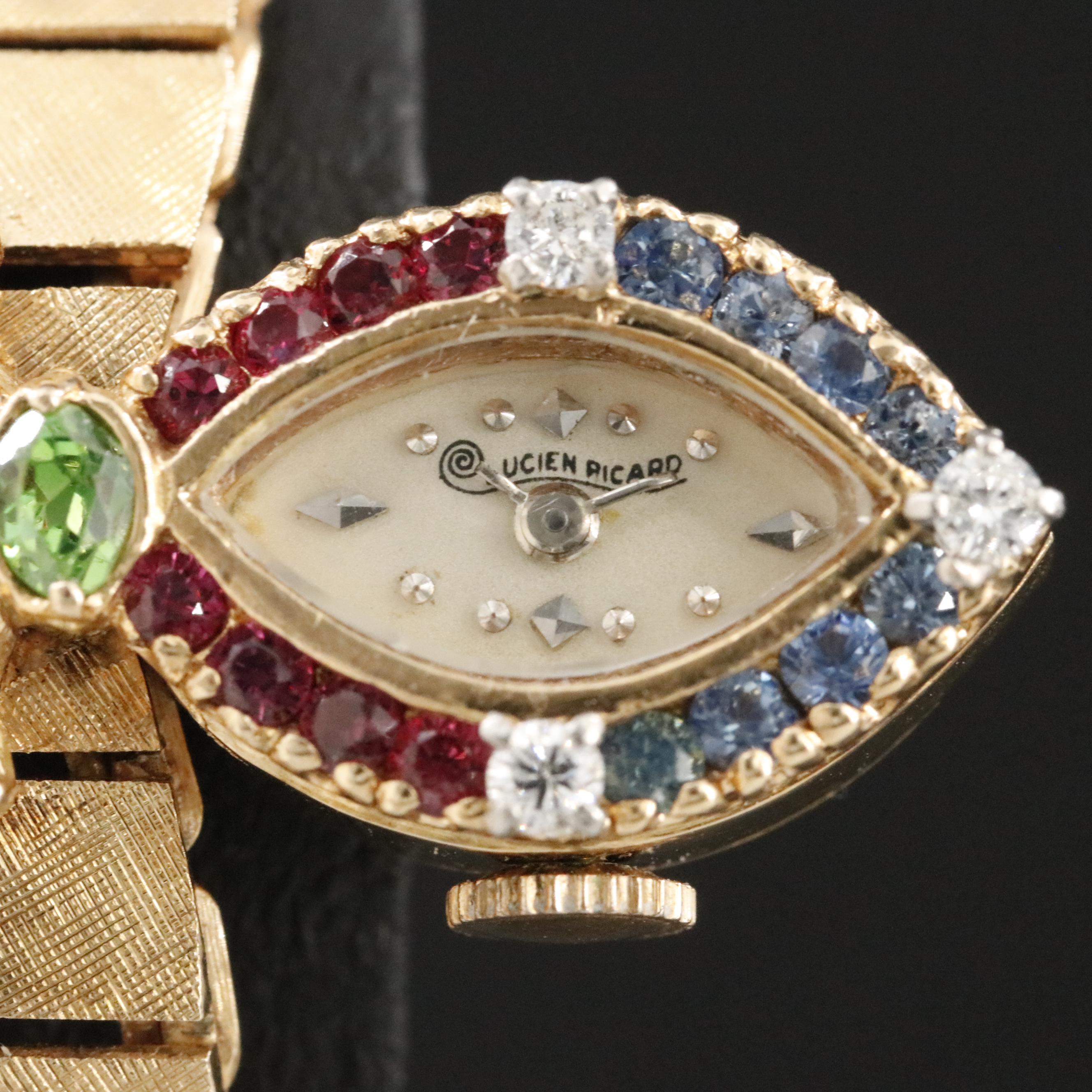 Lucien Picard 14K Vintage Gemstone and Diamond Watch, C.1950