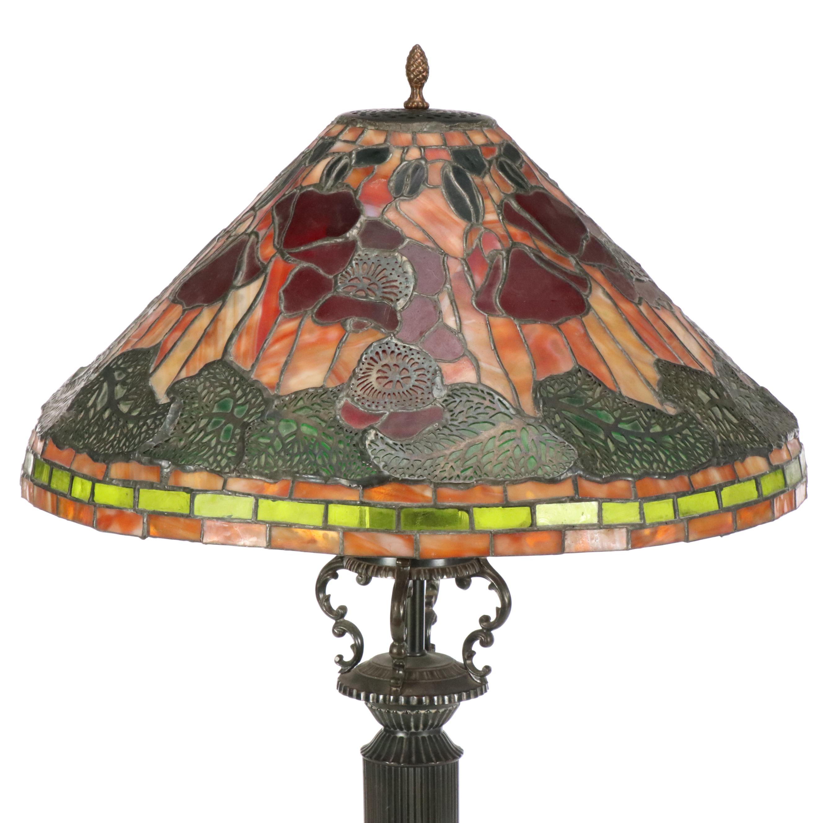 Neoclassical Style Table Lamp with Red Poppies Slag Glass Shade