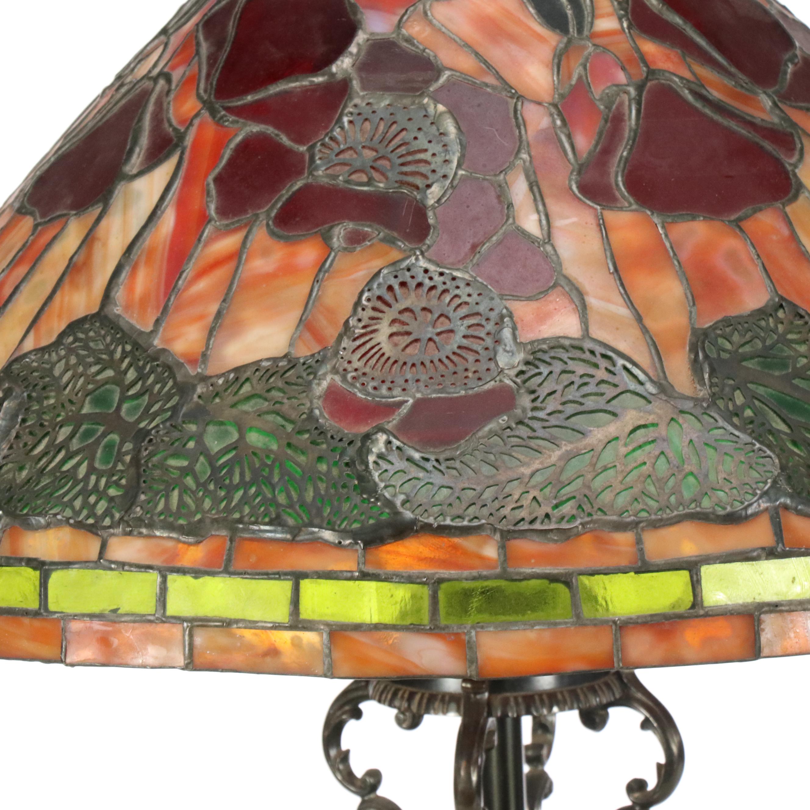 Neoclassical Style Table Lamp with Red Poppies Slag Glass Shade