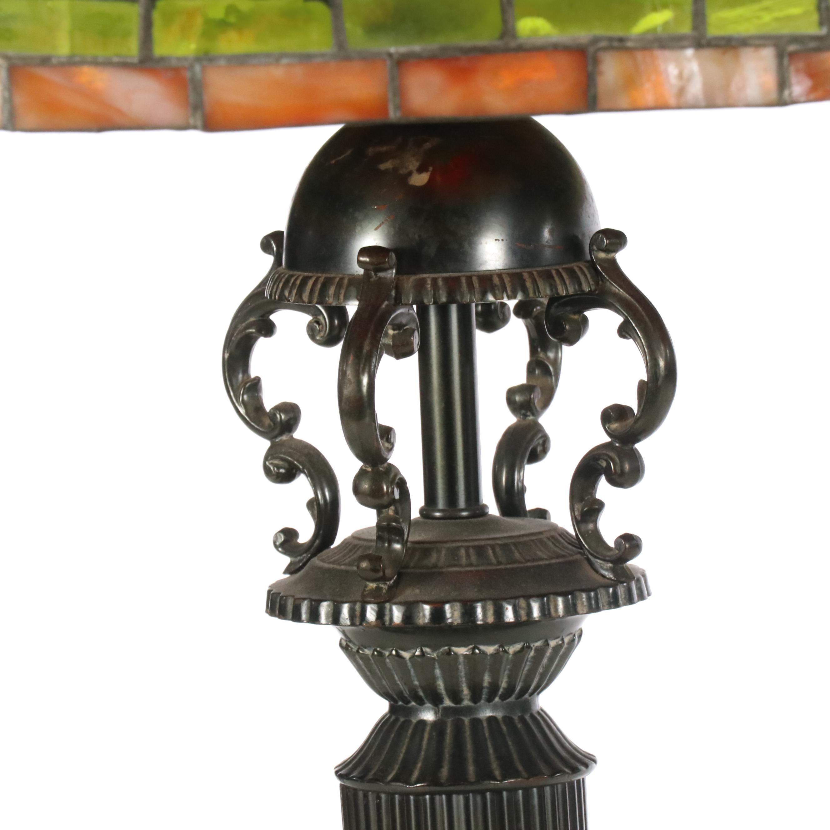 Neoclassical Style Table Lamp with Red Poppies Slag Glass Shade