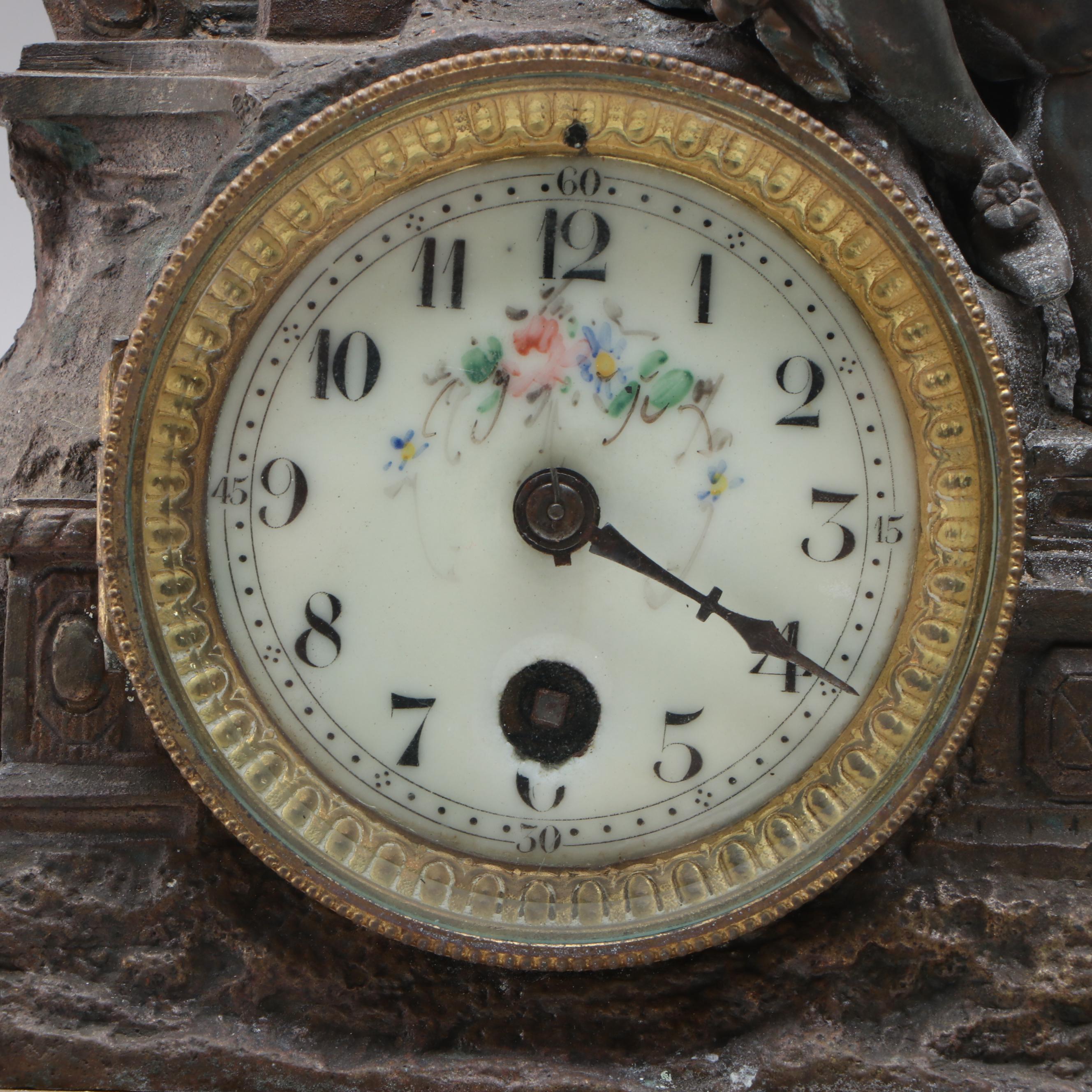 French Style Alabaster and Gilt Spelter Mantel Clock, Late 19th/ Early 20th C.