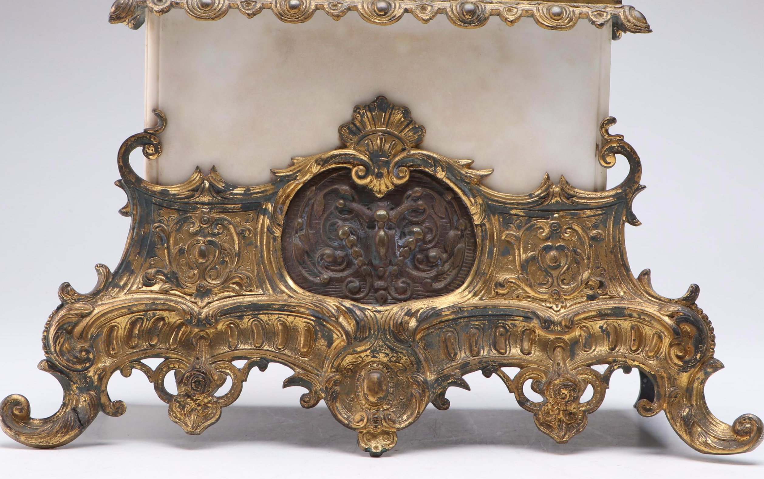 French Style Alabaster and Gilt Spelter Mantel Clock, Late 19th/ Early 20th C.