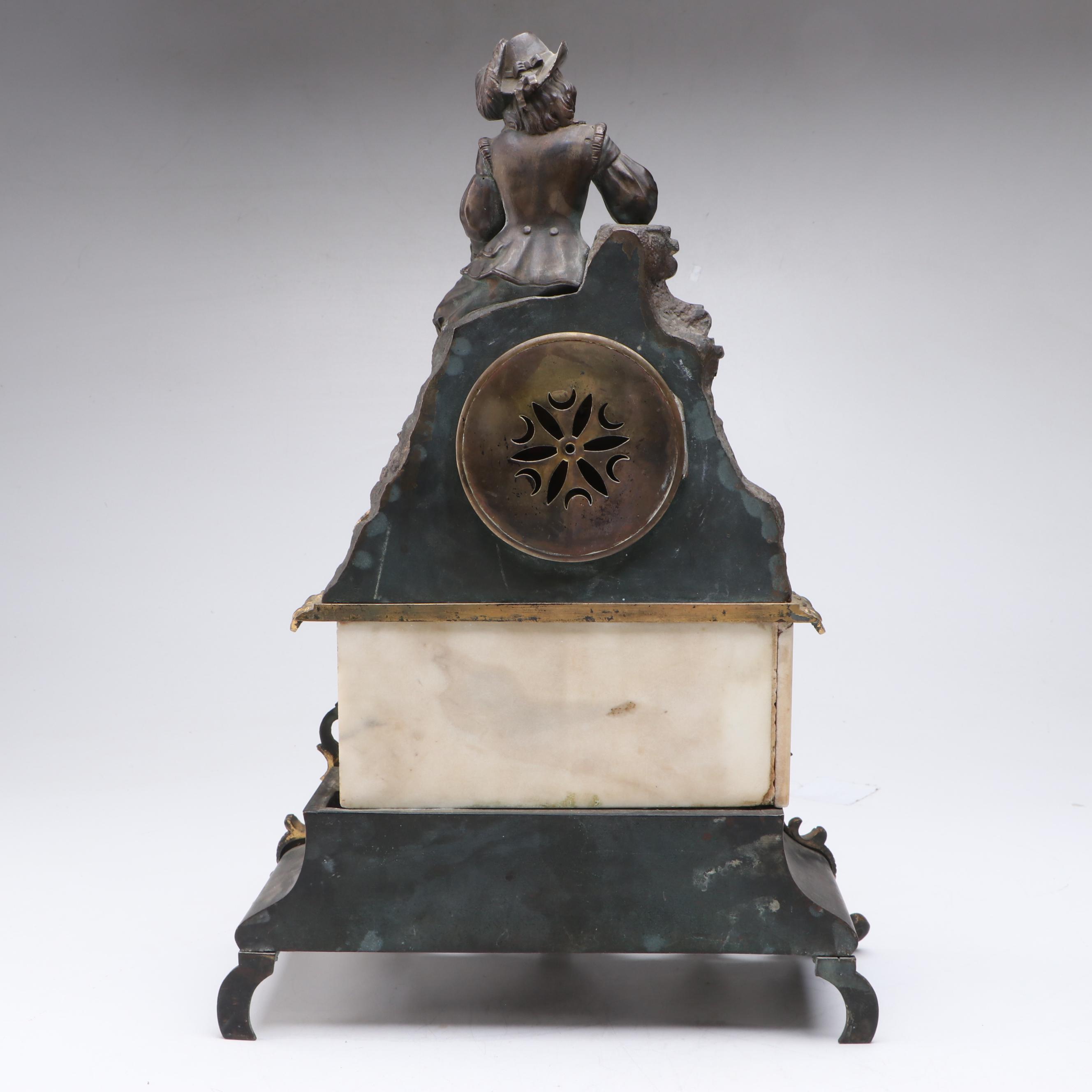 French Style Alabaster and Gilt Spelter Mantel Clock, Late 19th/ Early 20th C.