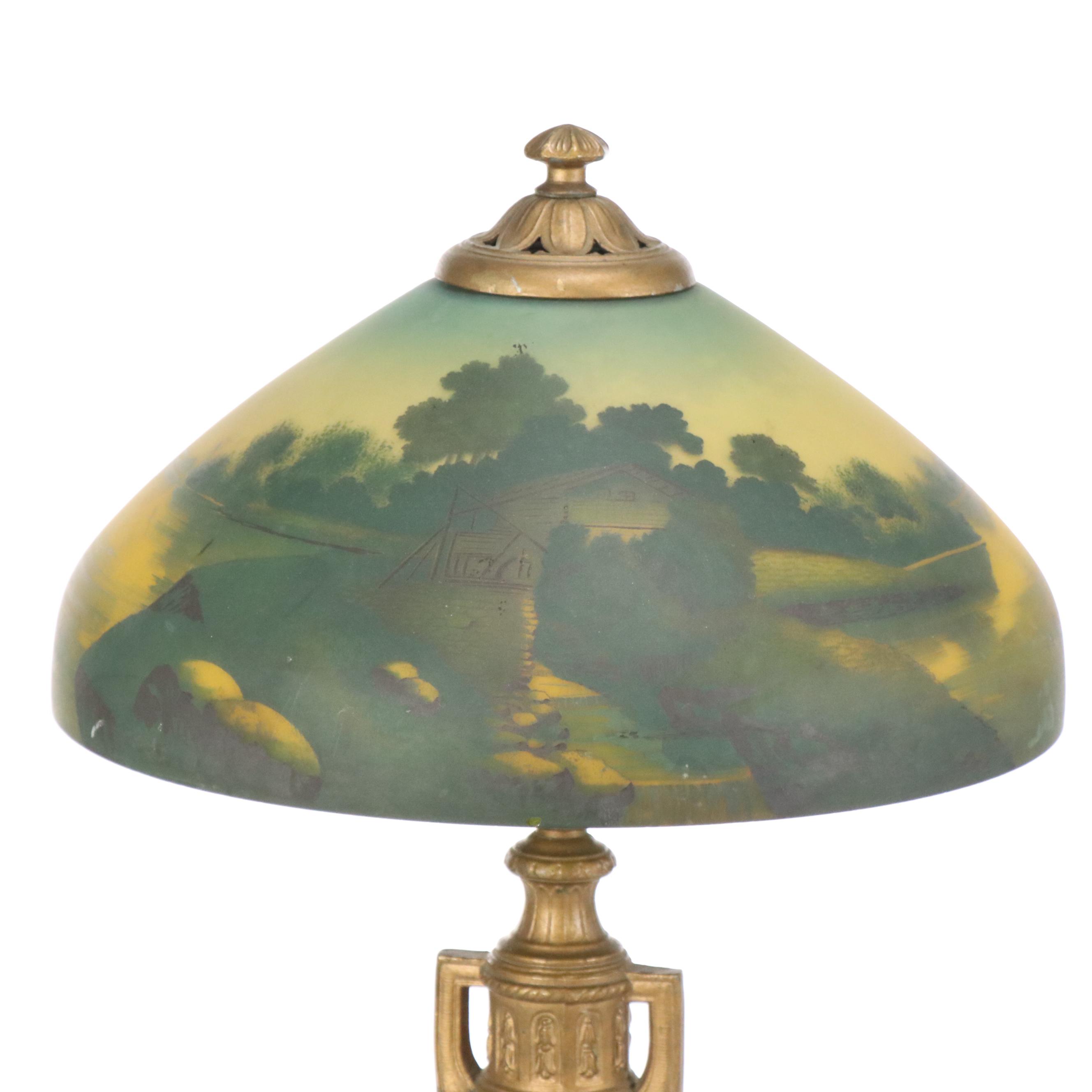 Neoclassical Style Urn Table Lamp with Reverse Painted Glass Shade