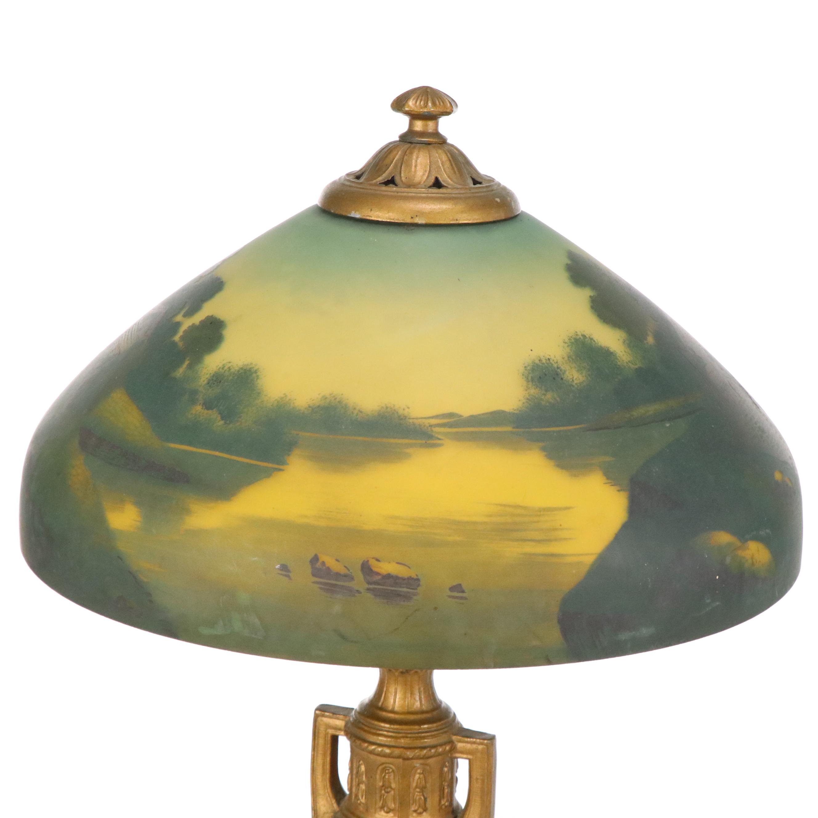 Neoclassical Style Urn Table Lamp with Reverse Painted Glass Shade