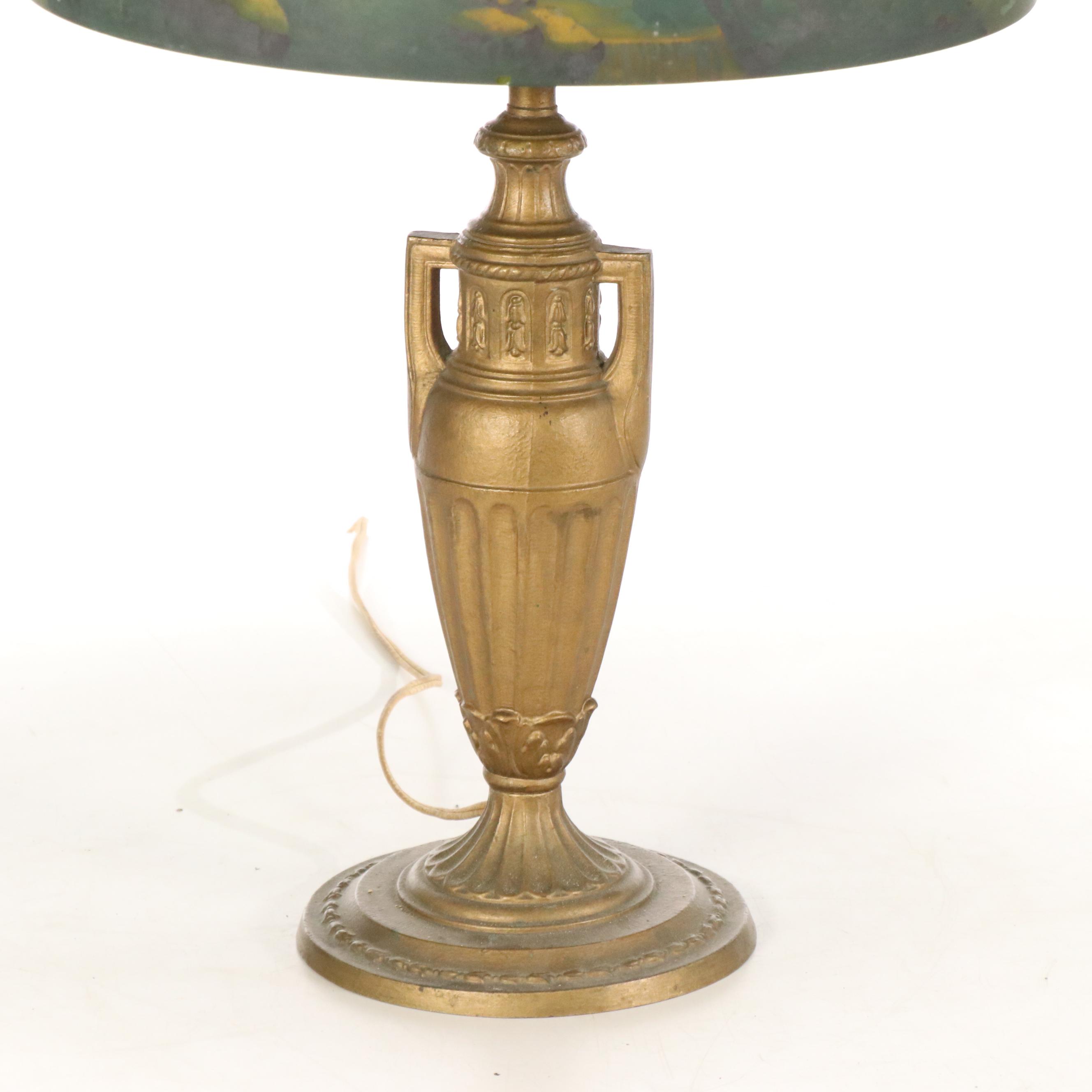 Neoclassical Style Urn Table Lamp with Reverse Painted Glass Shade