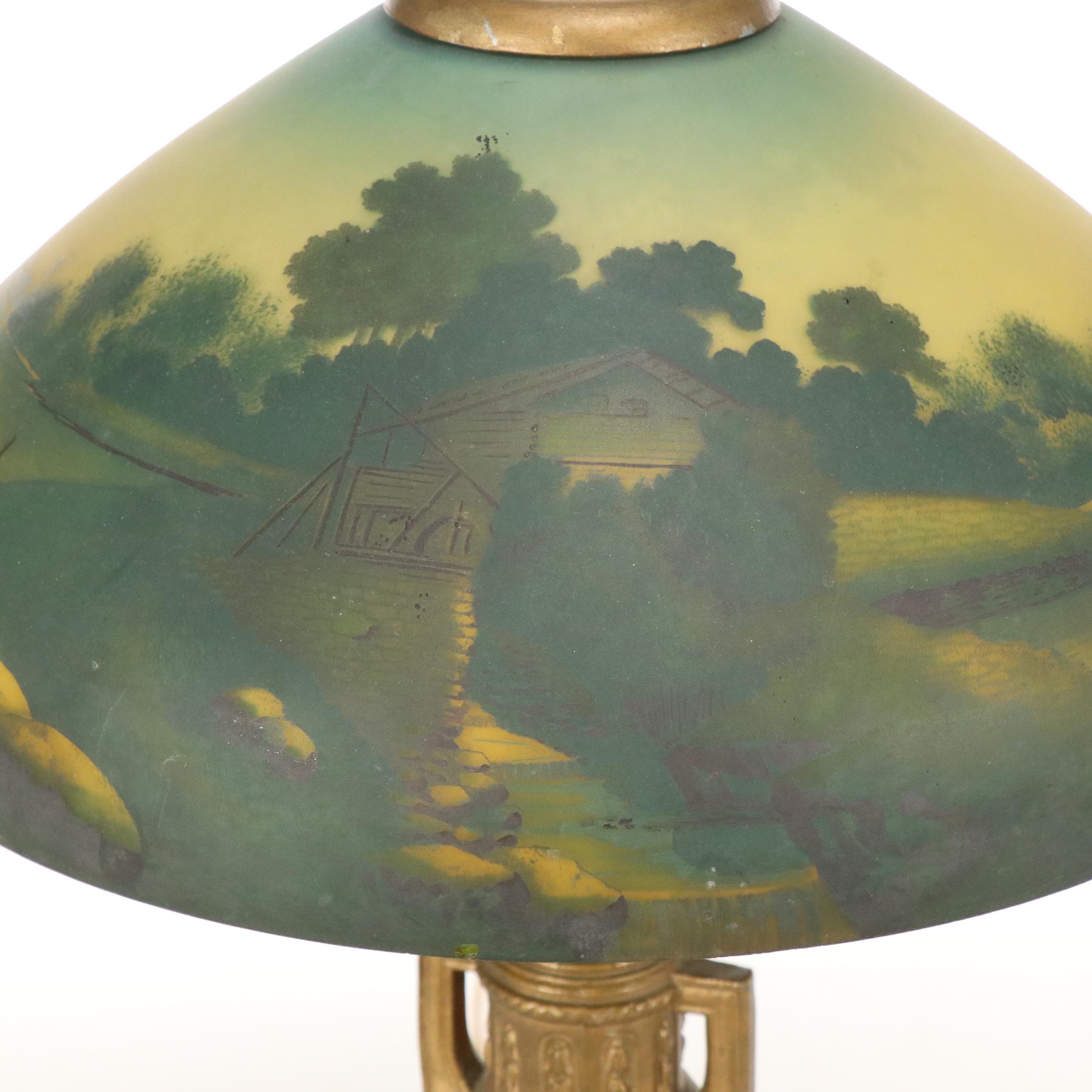 Neoclassical Style Urn Table Lamp with Reverse Painted Glass Shade