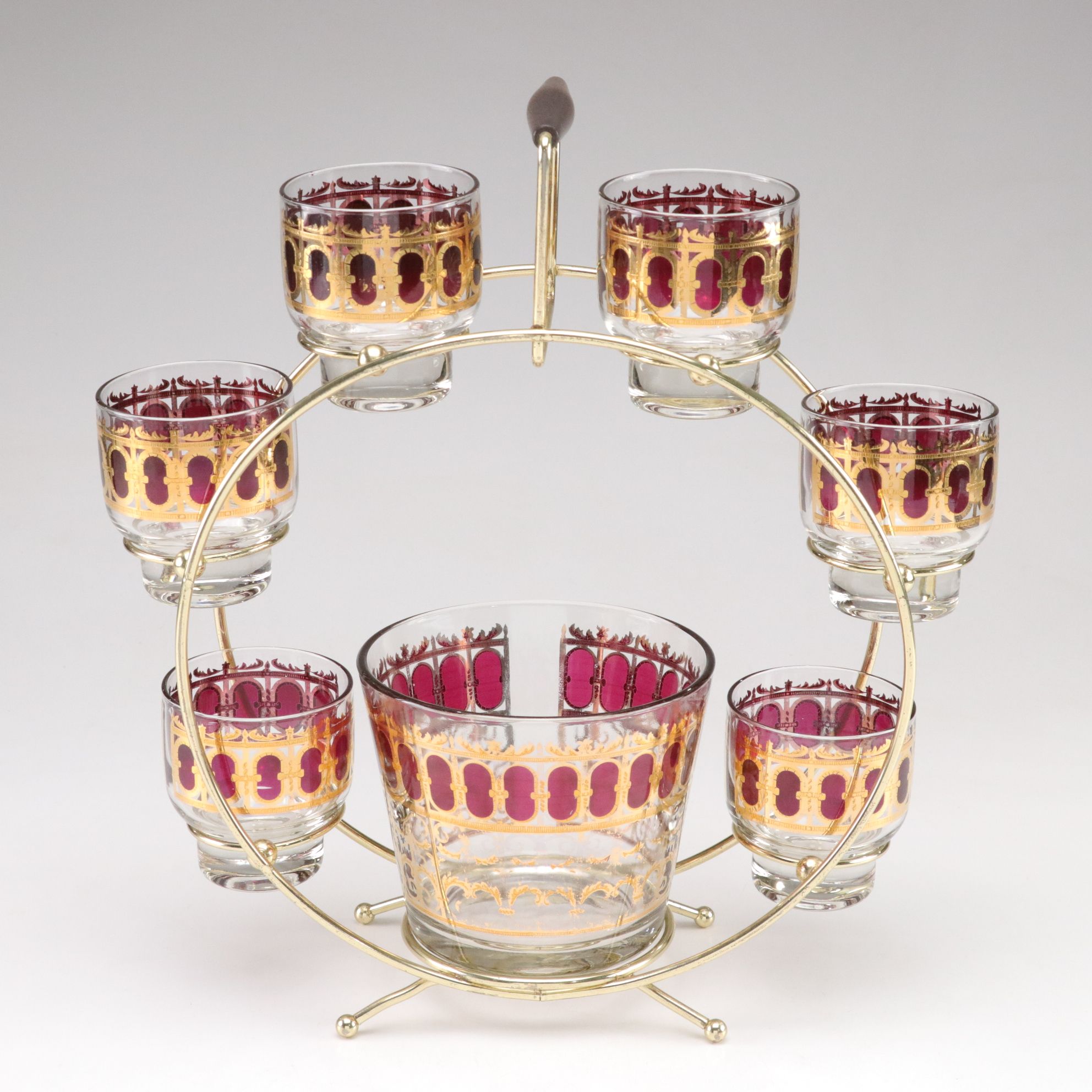 Culver Ferris Wheel Bar Caddy with 22K Accented Glassware, Mid-20th Century