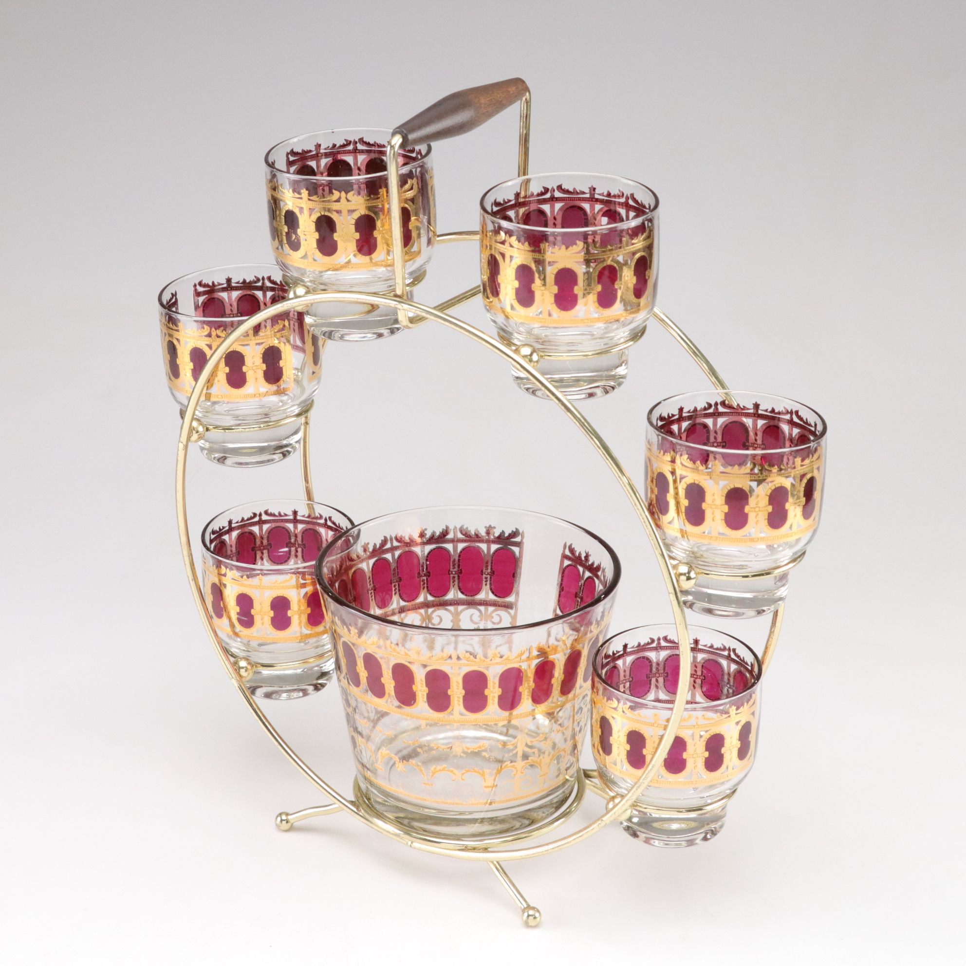 Culver Ferris Wheel Bar Caddy with 22K Accented Glassware, Mid-20th Century