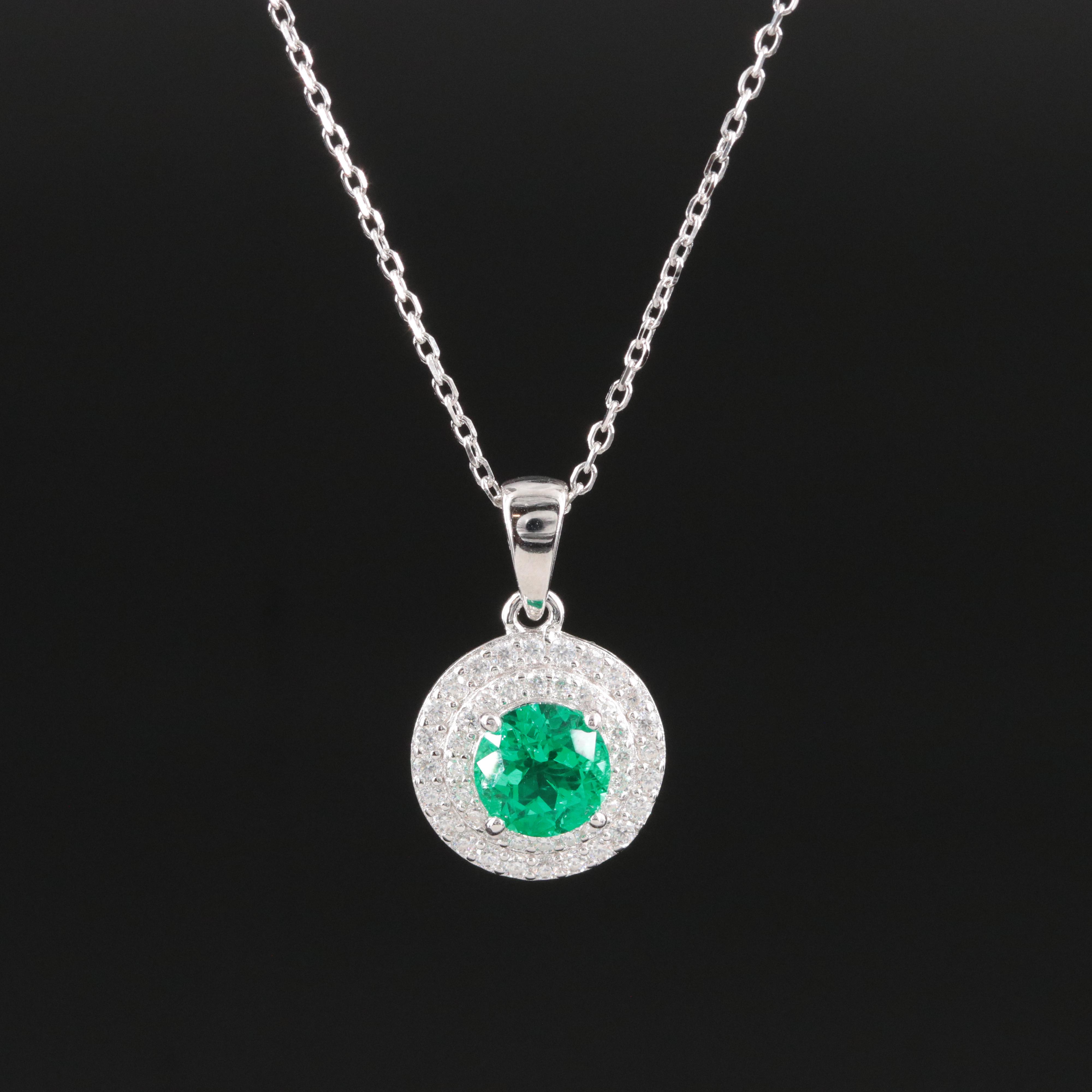 Sterling Emerald and Moissanite Halo Pendant Necklace