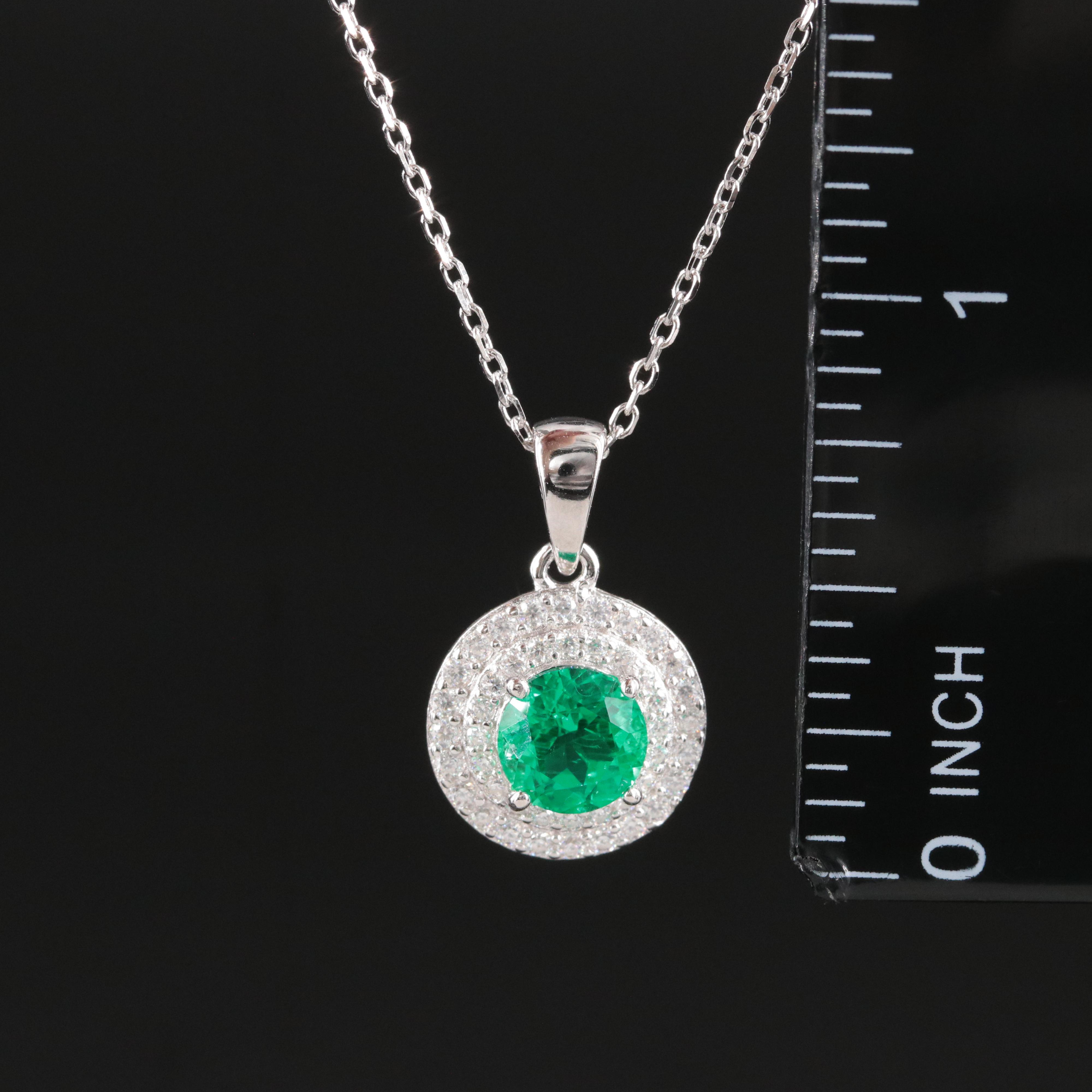 Sterling Emerald and Moissanite Halo Pendant Necklace