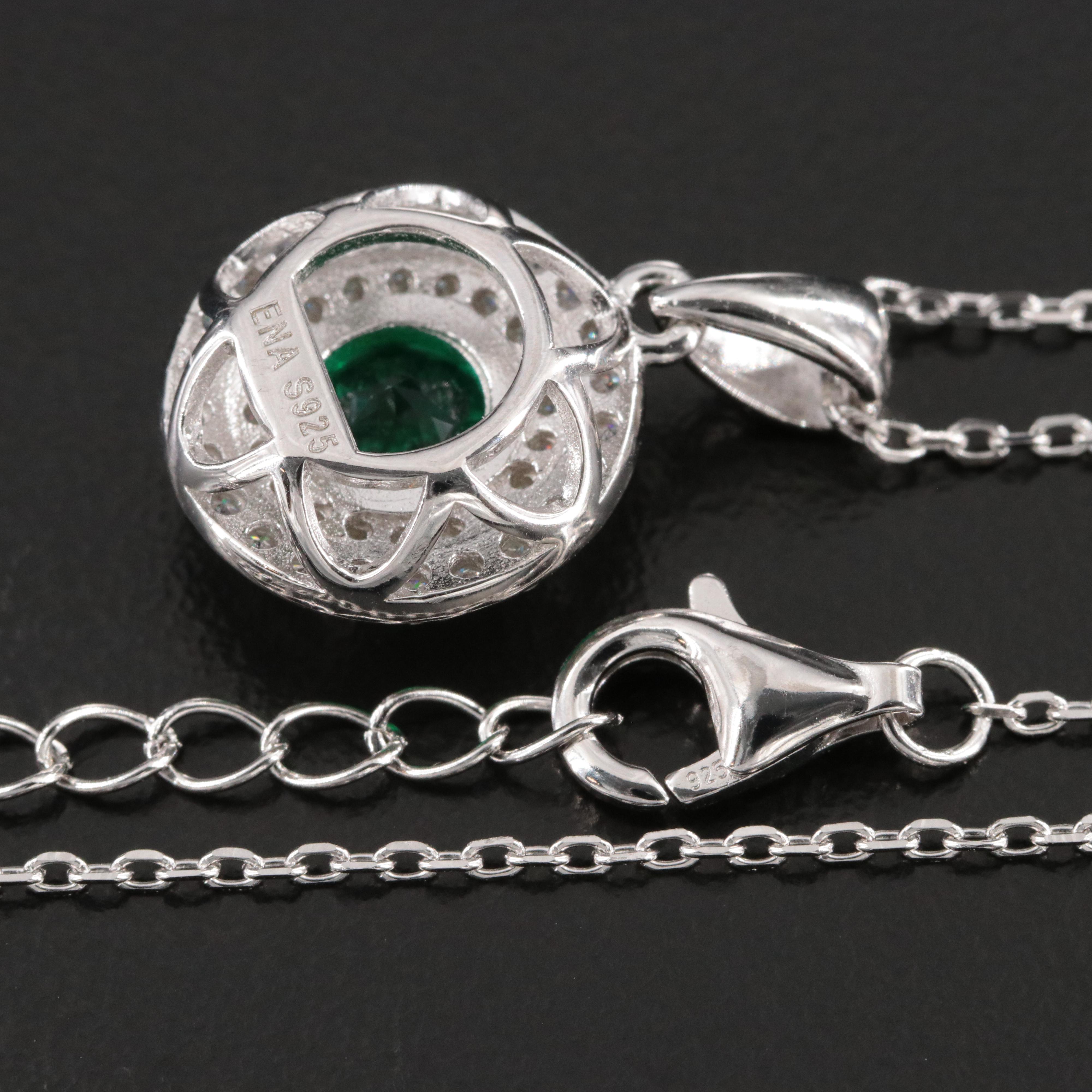 Sterling Emerald and Moissanite Halo Pendant Necklace