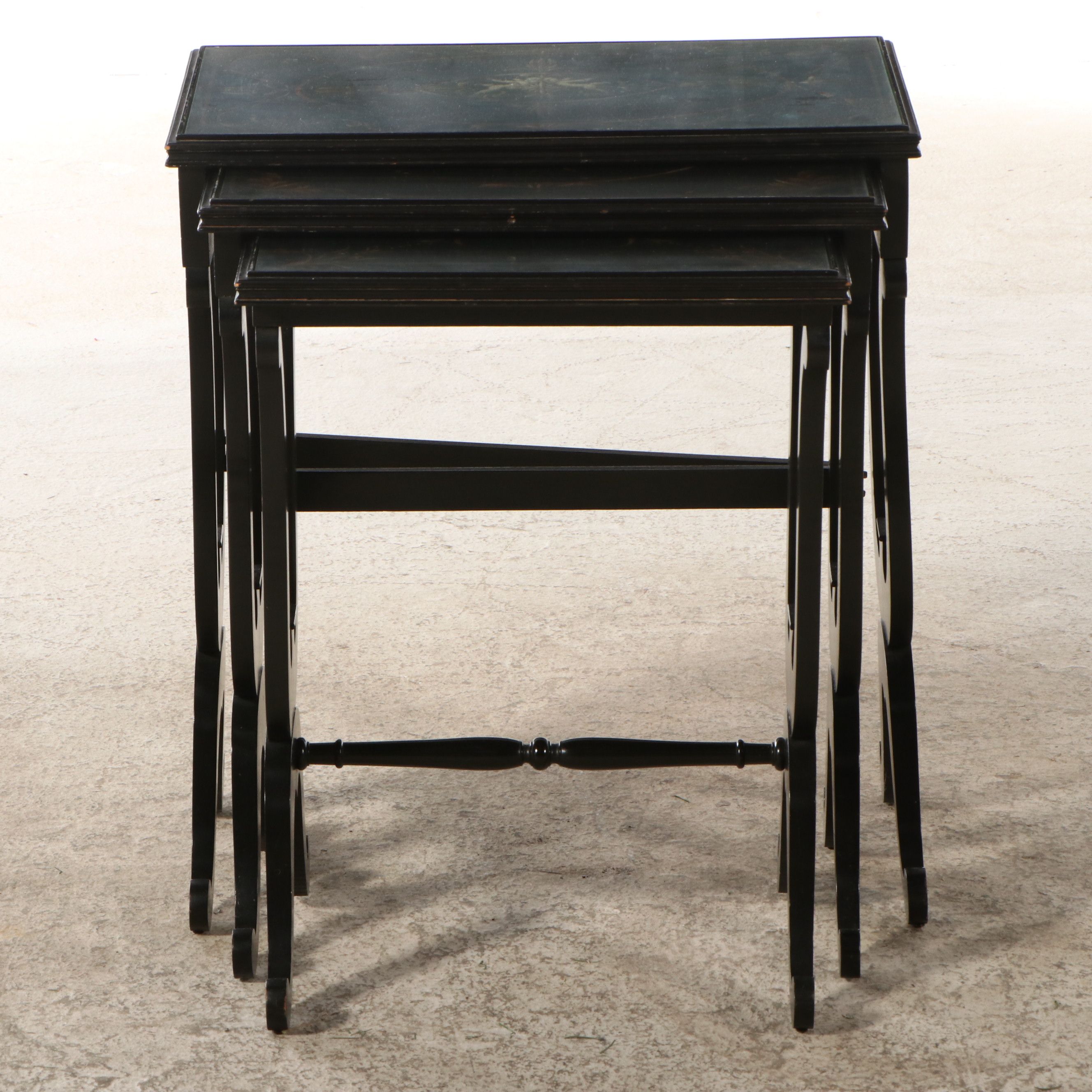 Neoclassical Style Paint-Decorated Wood Nesting Tables with Inset Glass Tops