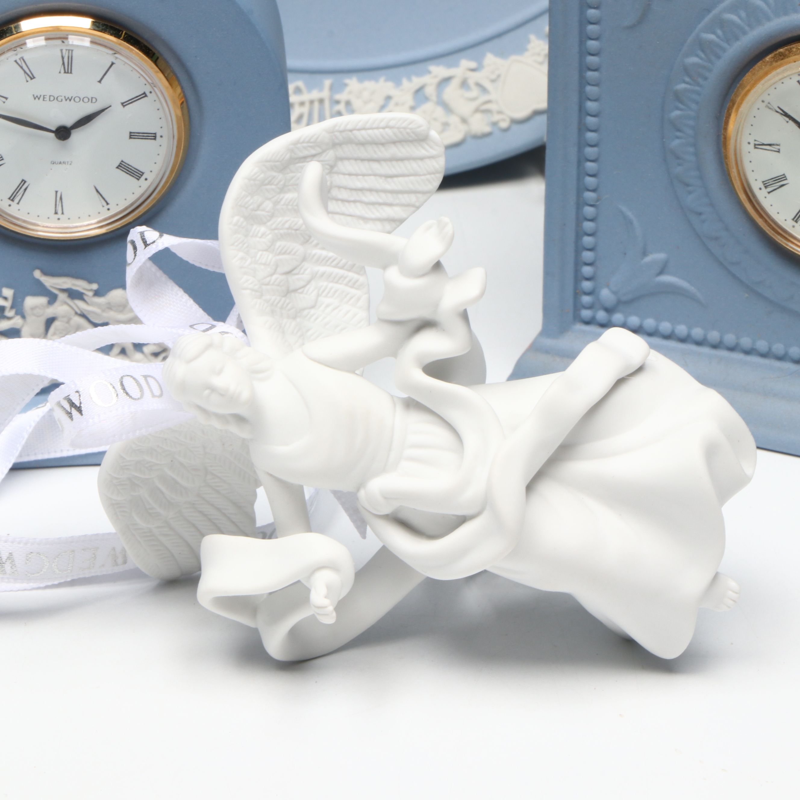 Wedgwood Jasperware Desk Clocks, Ornament, Plate, and Bud Vase