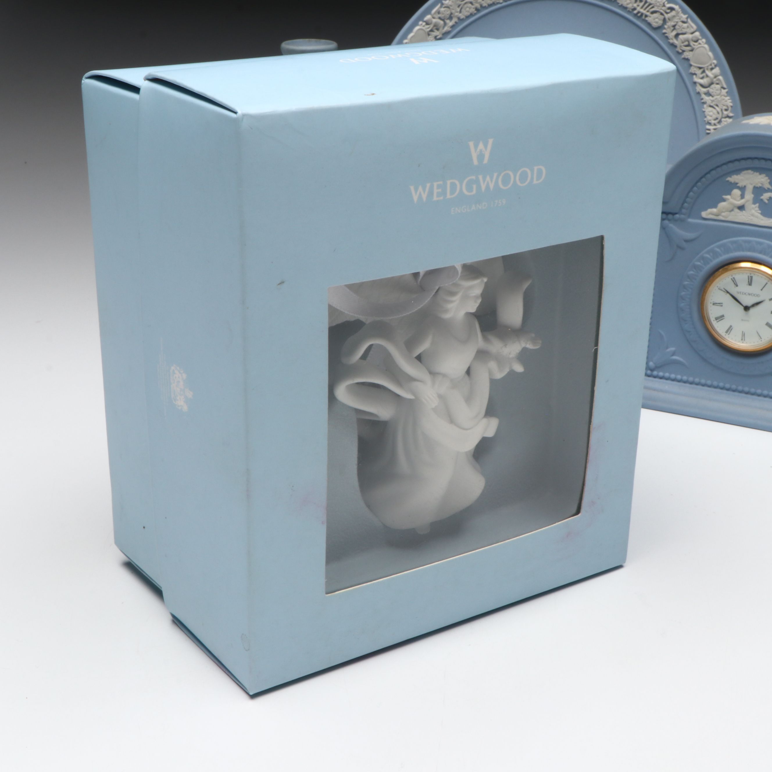Wedgwood Jasperware Desk Clocks, Ornament, Plate, and Bud Vase