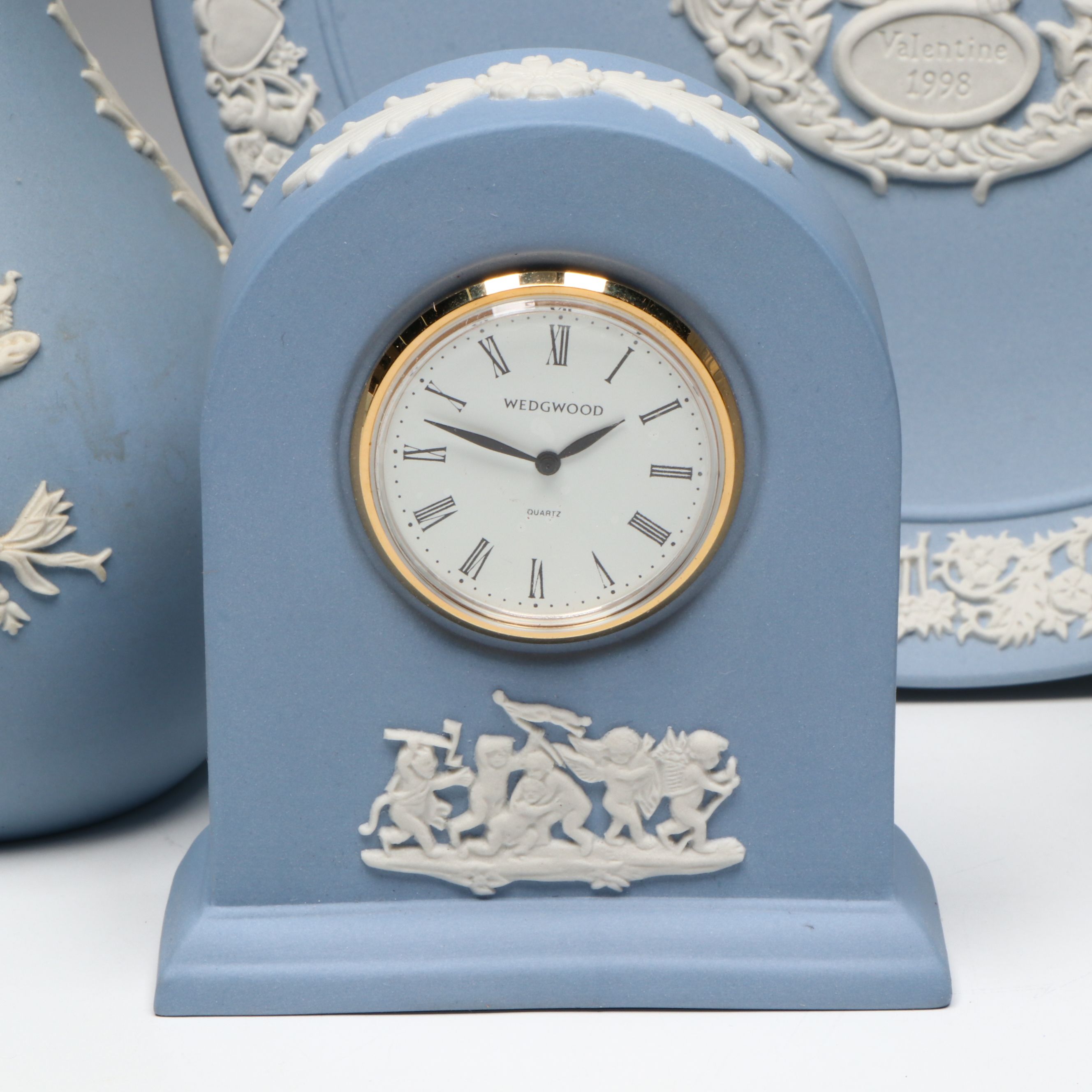 Wedgwood Jasperware Desk Clocks, Ornament, Plate, and Bud Vase