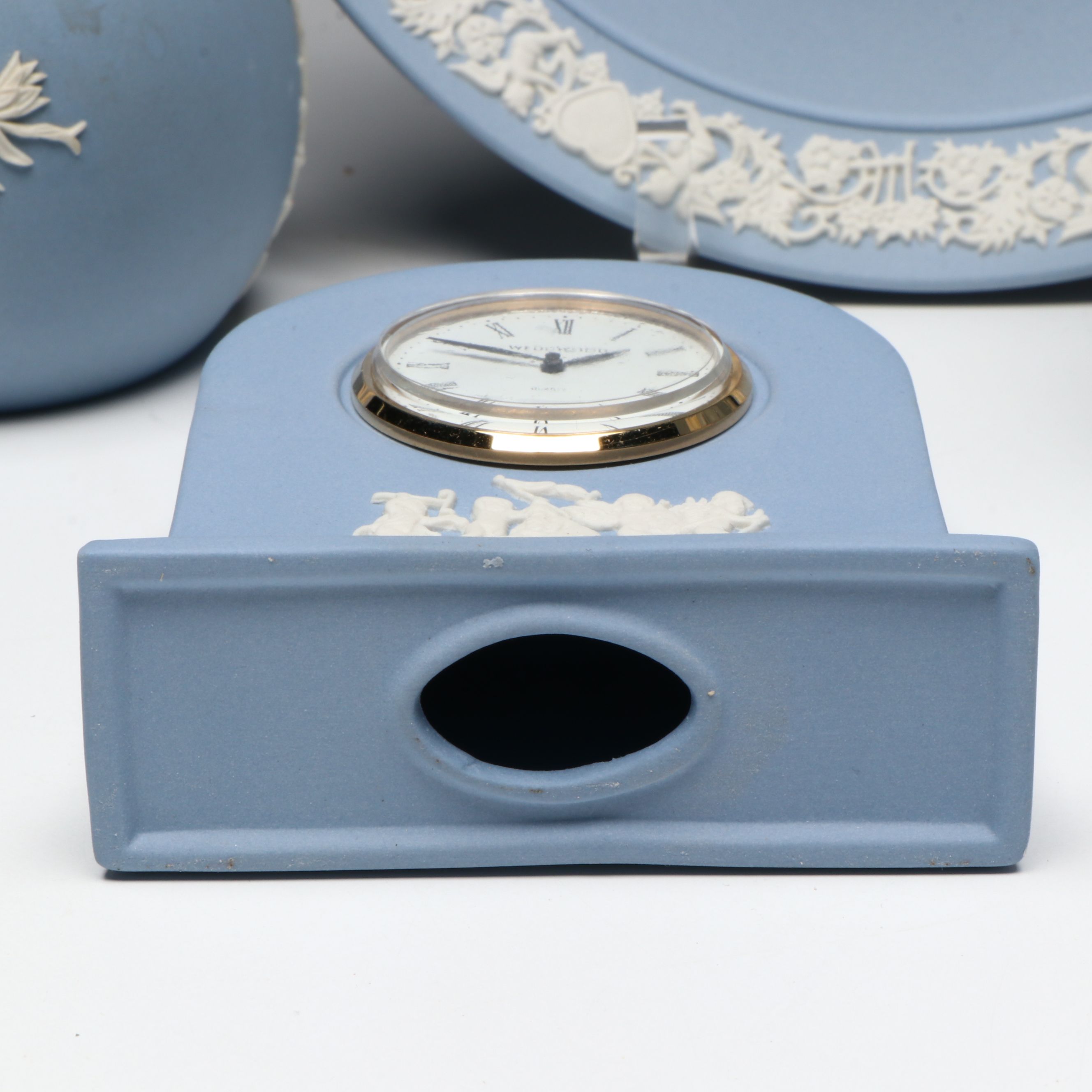 Wedgwood Jasperware Desk Clocks, Ornament, Plate, and Bud Vase