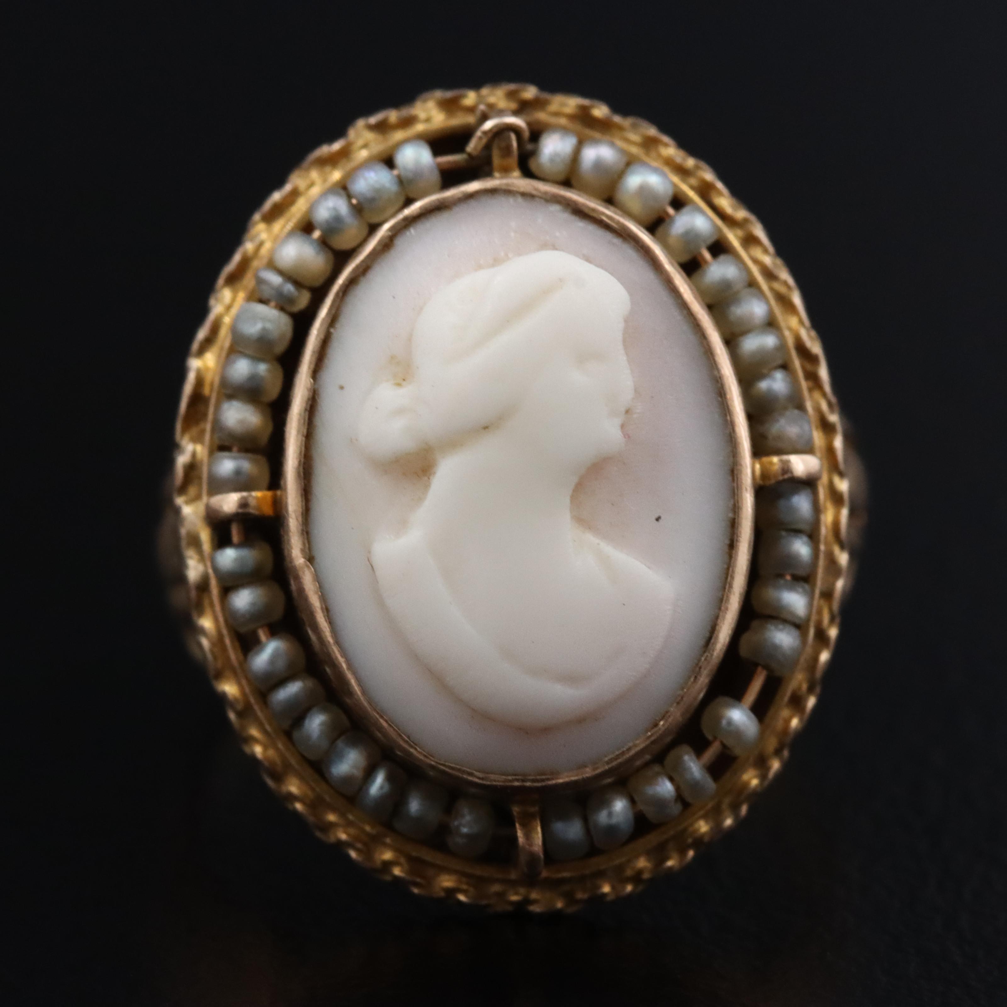 Early 1900s 10K Shell and Seed Pearl Cameo Ring