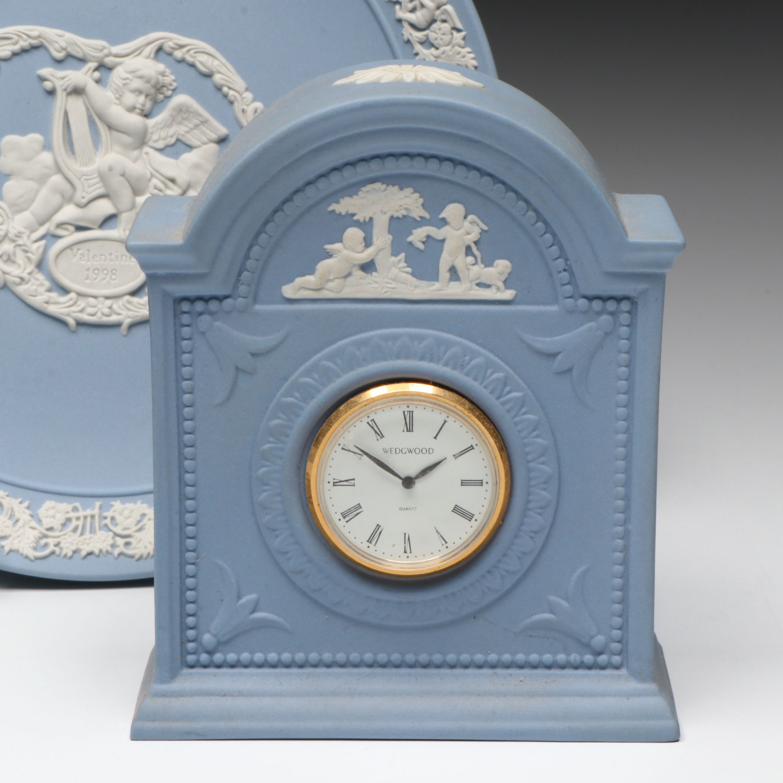 Wedgwood Jasperware Desk Clocks, Ornament, Plate, and Bud Vase