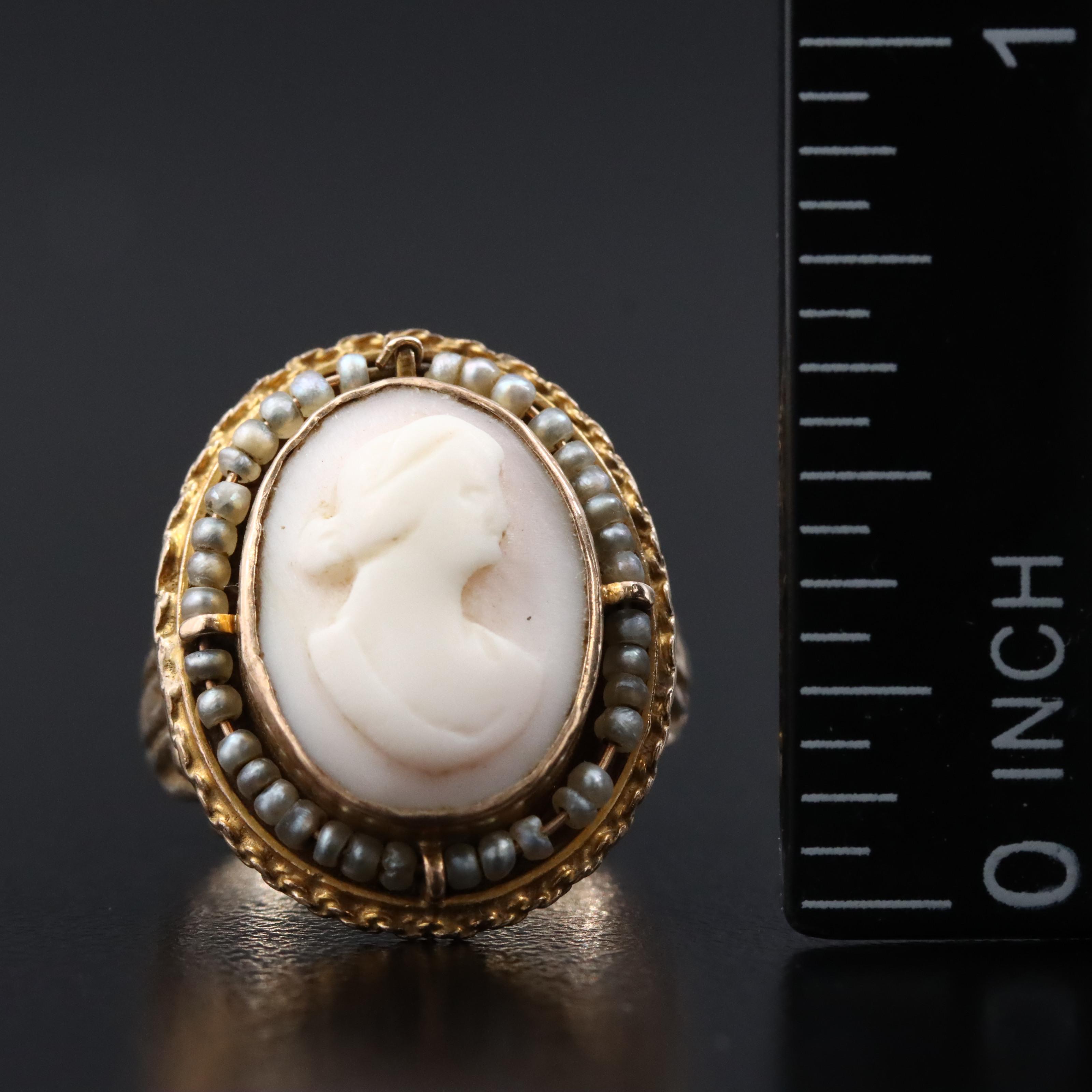 Early 1900s 10K Shell and Seed Pearl Cameo Ring