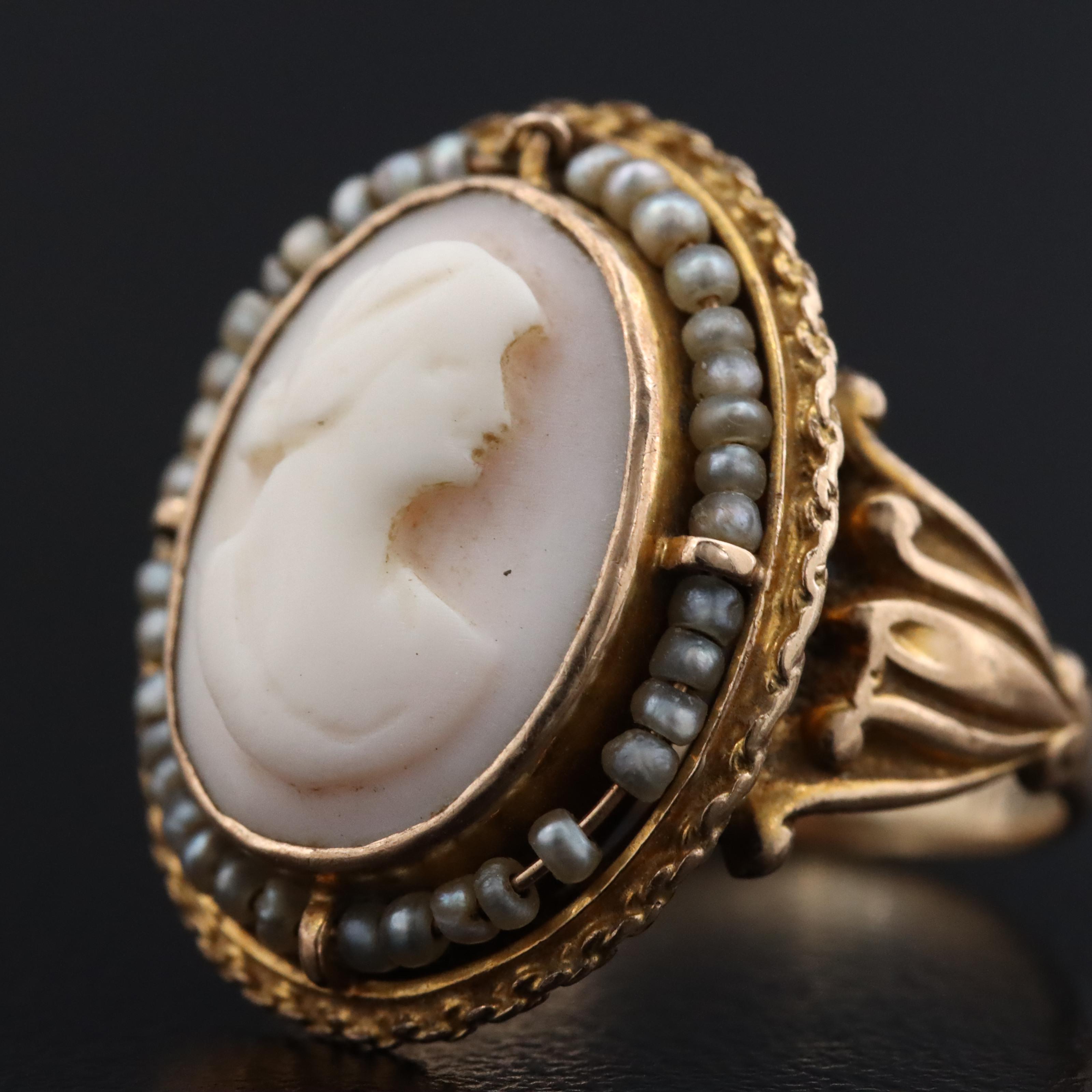 Early 1900s 10K Shell and Seed Pearl Cameo Ring