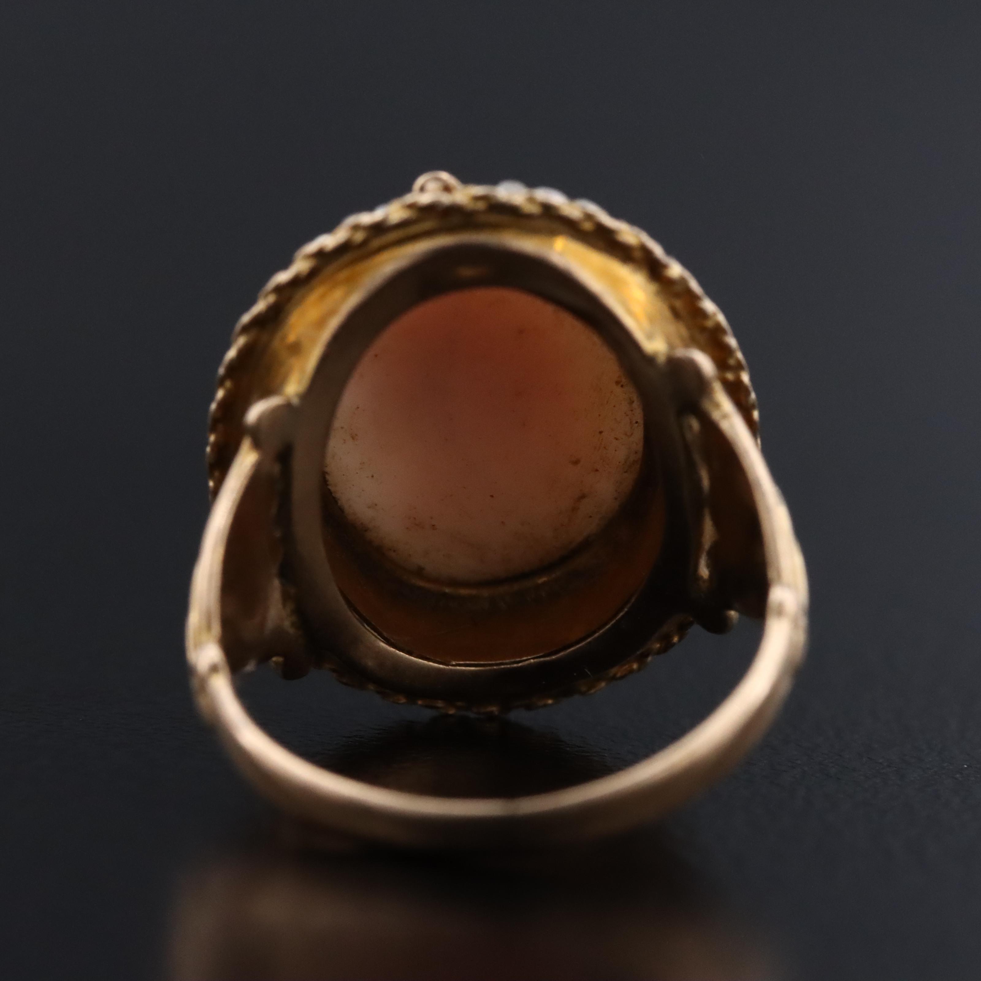 Early 1900s 10K Shell and Seed Pearl Cameo Ring