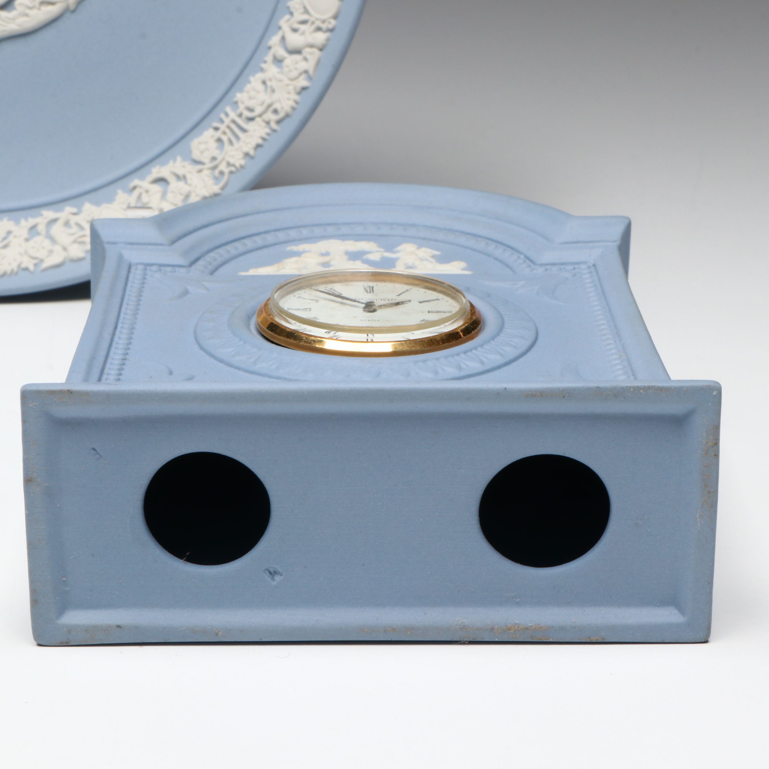 Wedgwood Jasperware Desk Clocks, Ornament, Plate, and Bud Vase